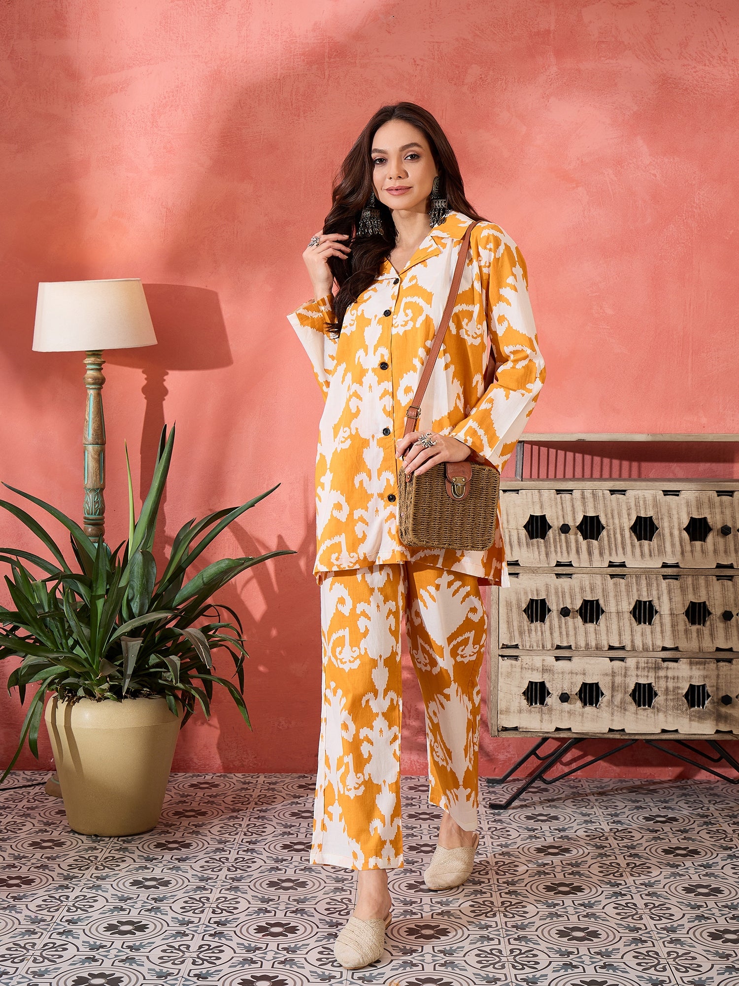 Tangy Orange White Ikkat Print Coord Set