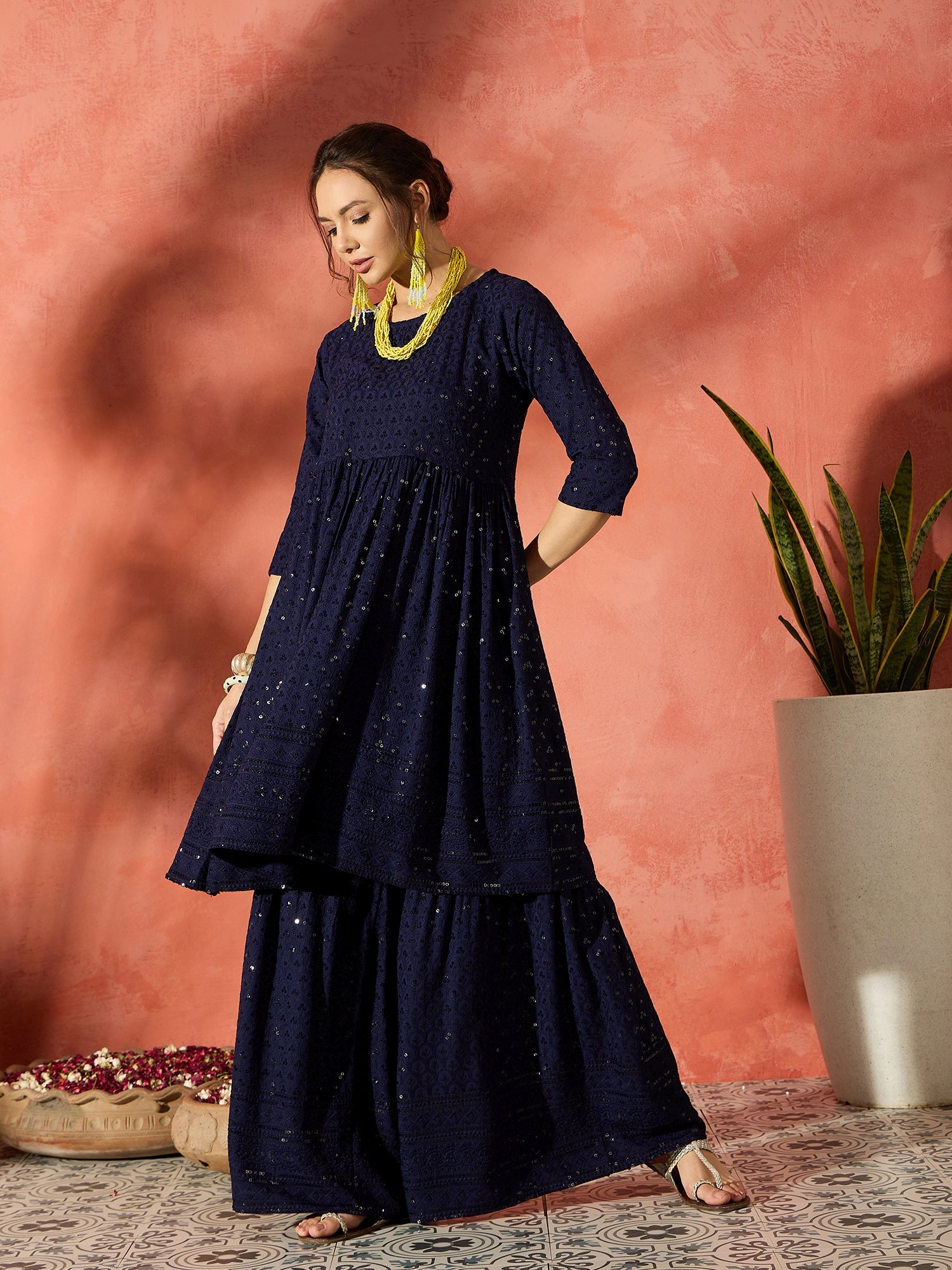 Blue Chikankari Anarkali Kurta Sharara Set