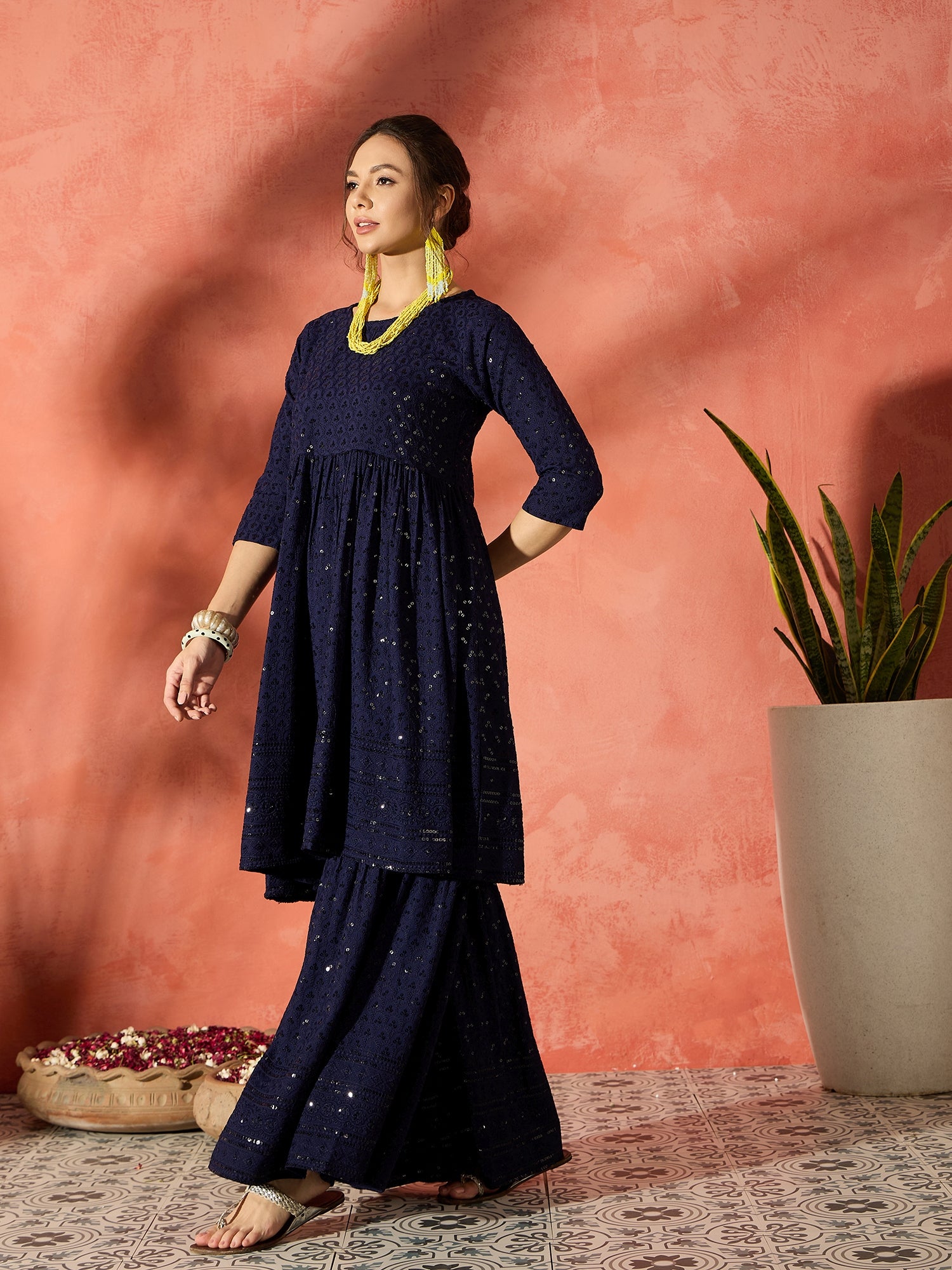 Blue Chikankari Anarkali Kurta Sharara Set