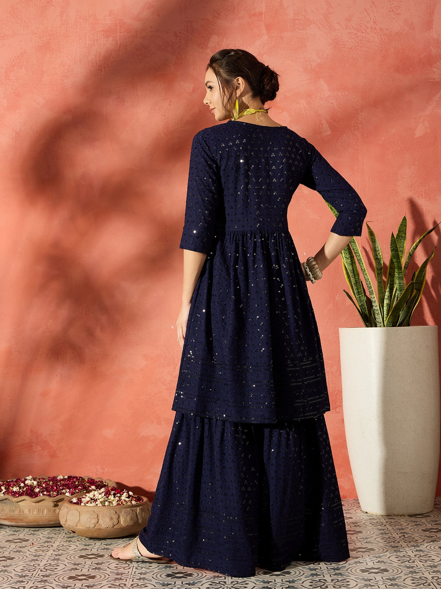 Blue Chikankari Anarkali Kurta Sharara Set