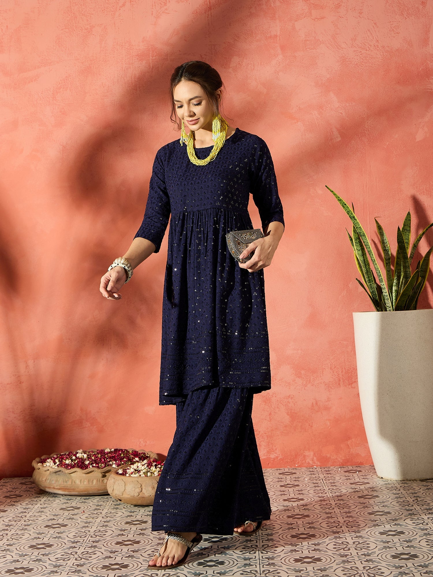 Blue Chikankari Anarkali Kurta Sharara Set