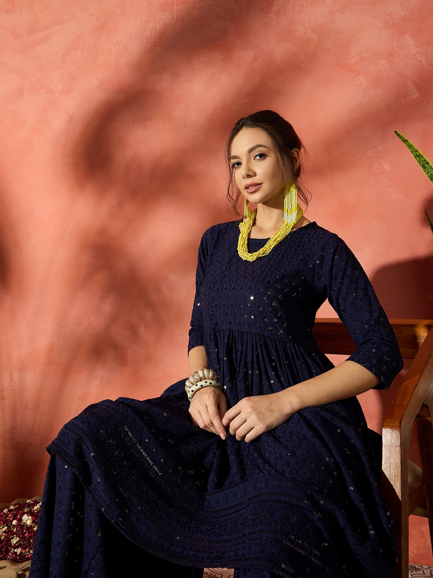 Blue Chikankari Anarkali Kurta Sharara Set