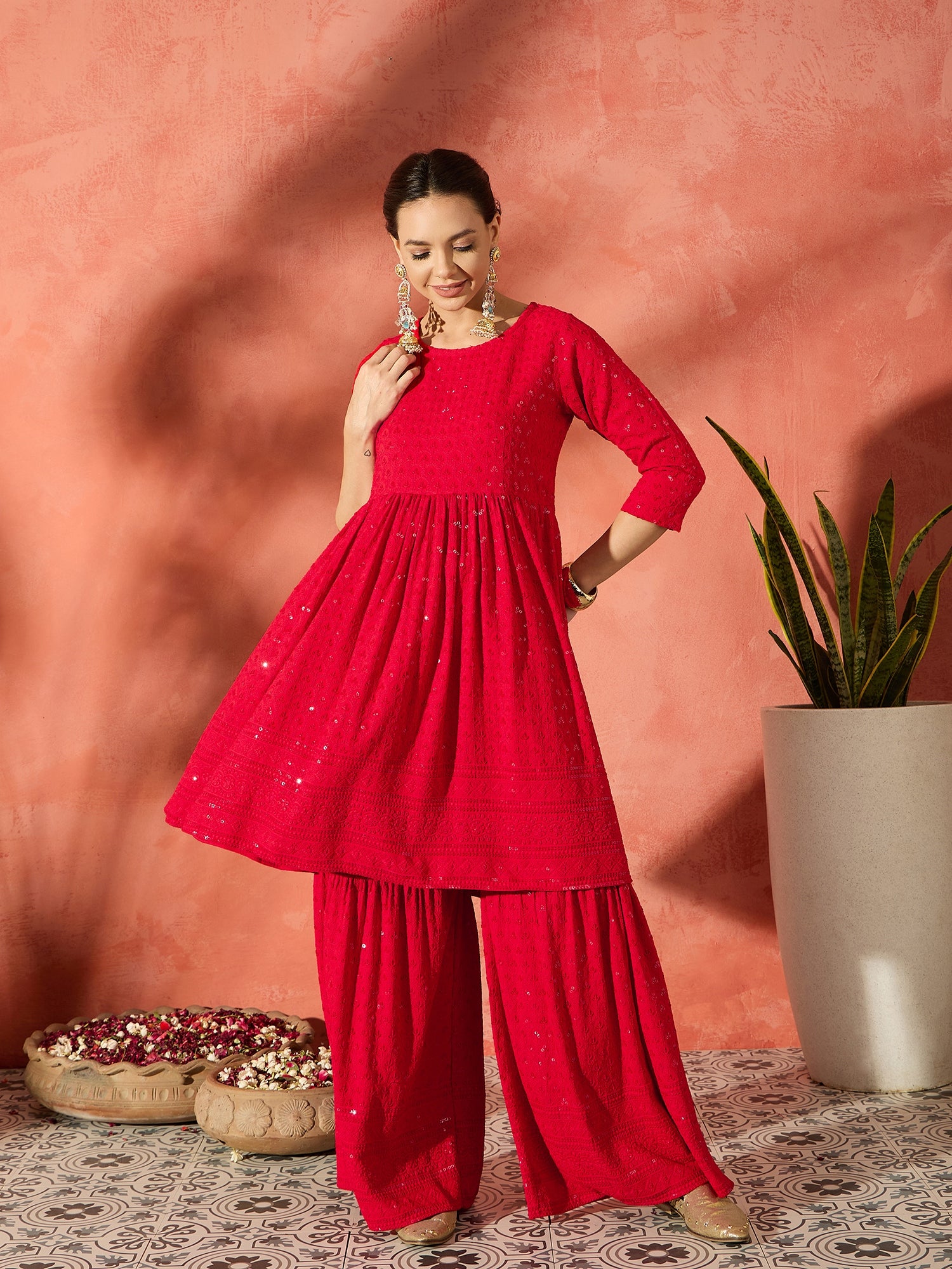 Red Chikankari Anarkali Kurta Sharara Set