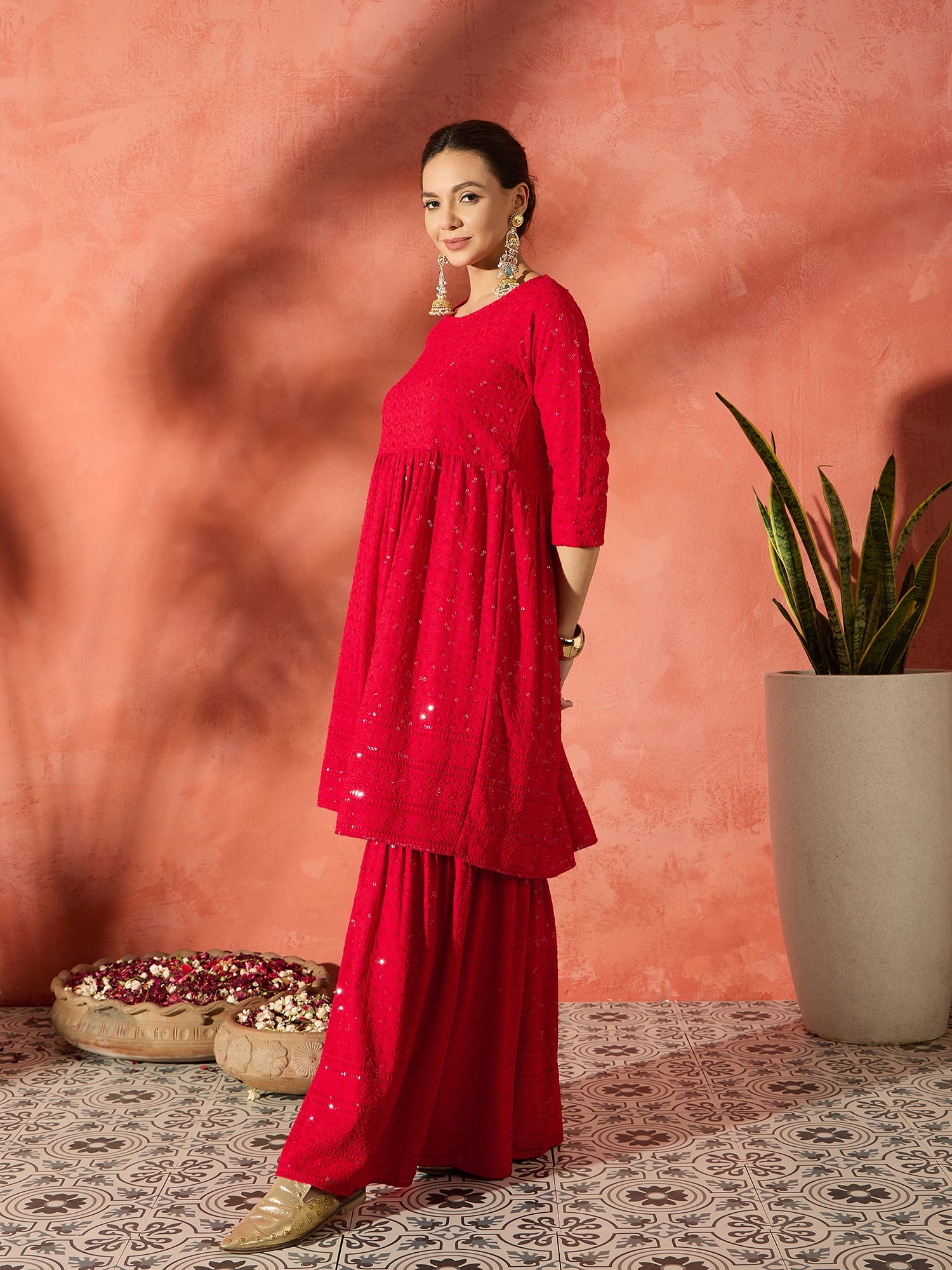 Red Chikankari Anarkali Kurta Sharara Set