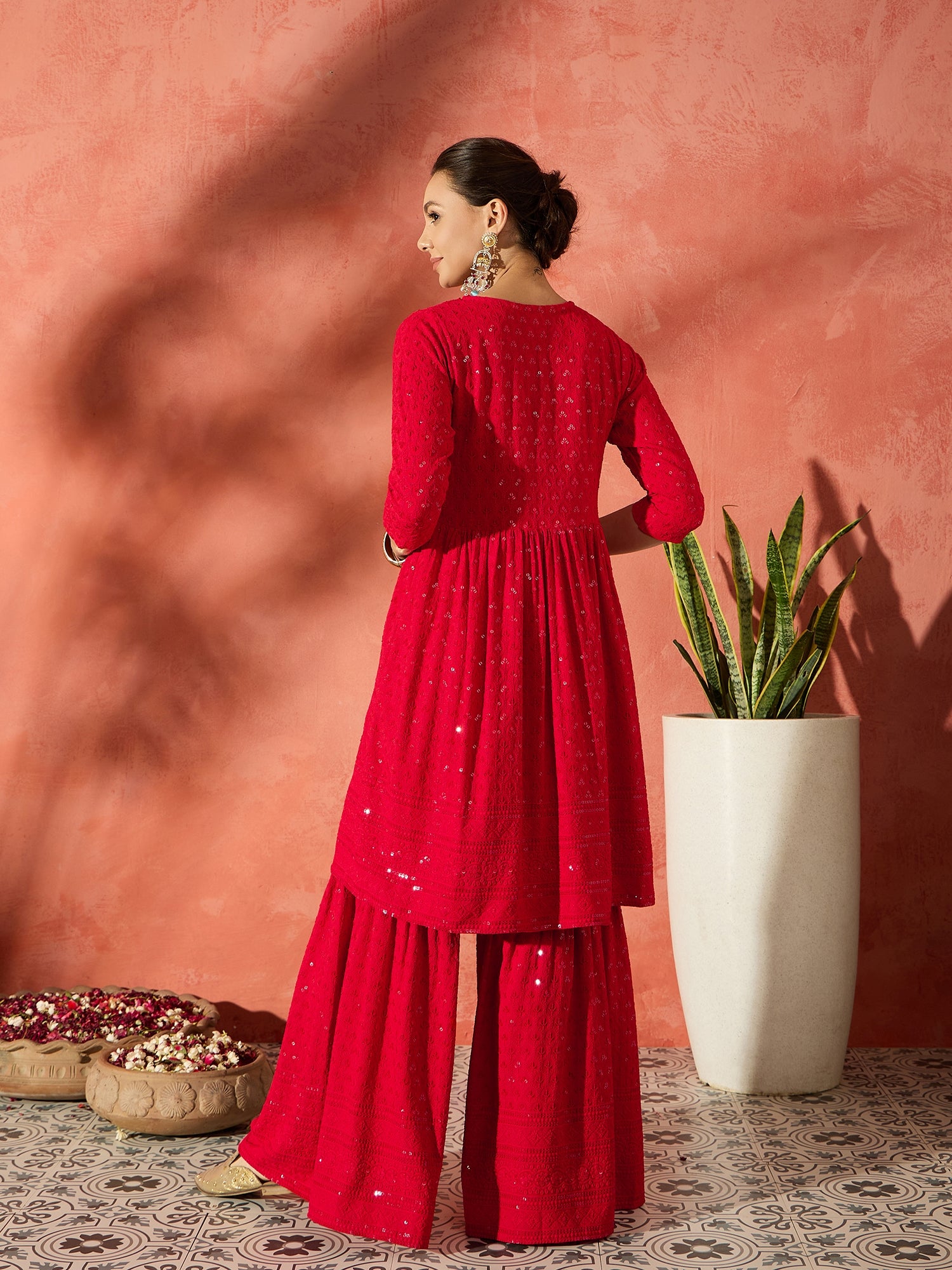 Red Chikankari Anarkali Kurta Sharara Set