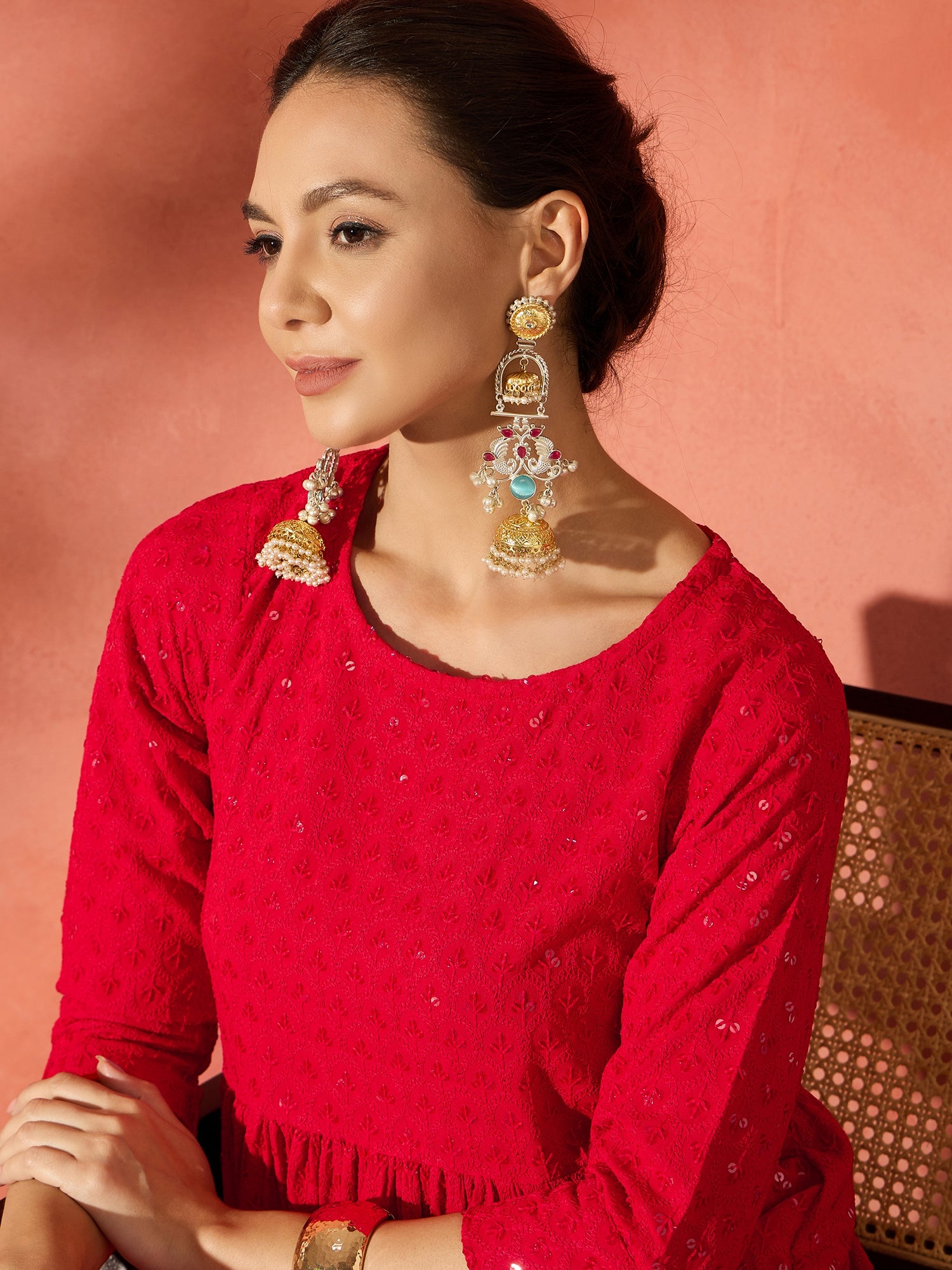 Red Chikankari Anarkali Kurta Sharara Set