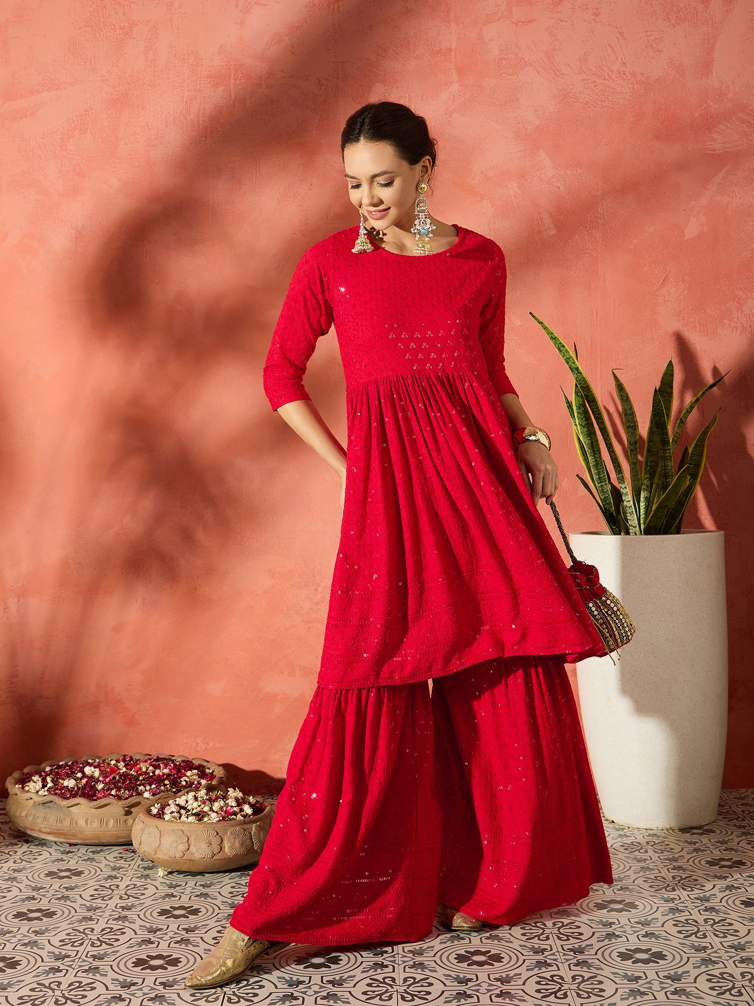 Red Chikankari Anarkali Kurta Sharara Set