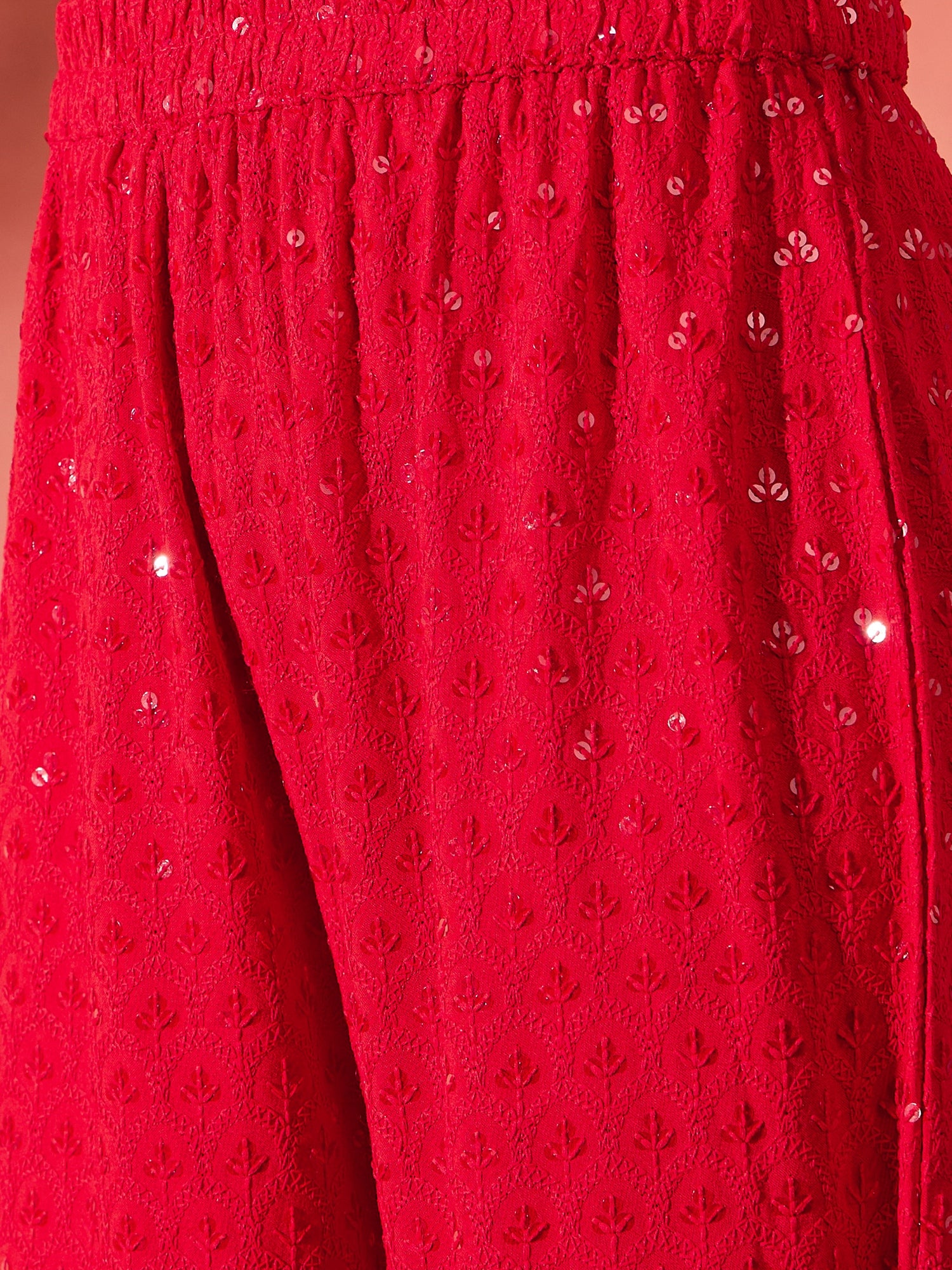 Red Chikankari Anarkali Kurta Sharara Set