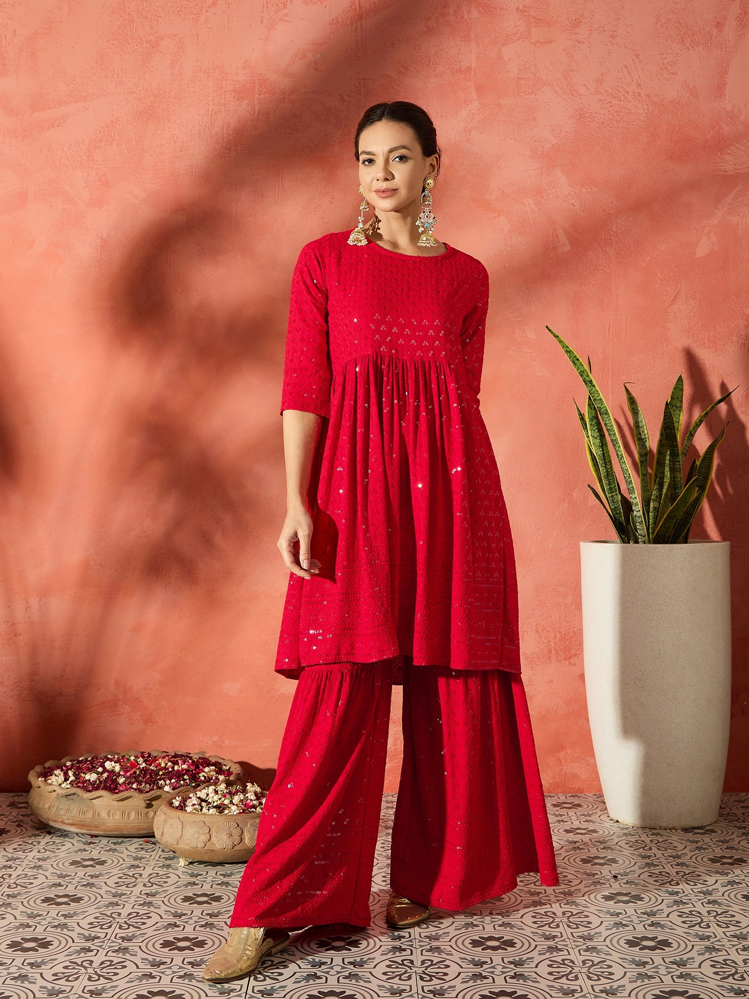 Red Chikankari Anarkali Kurta Sharara Set