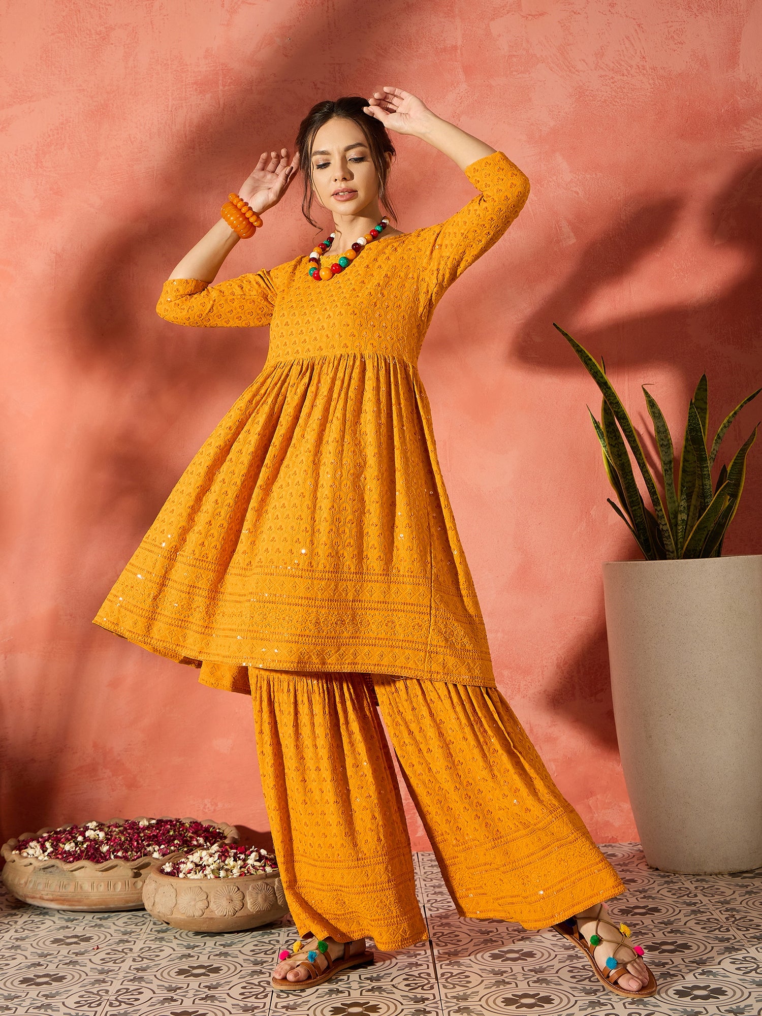 Mustard Chikankari Anarkali Kurta Sharara Set