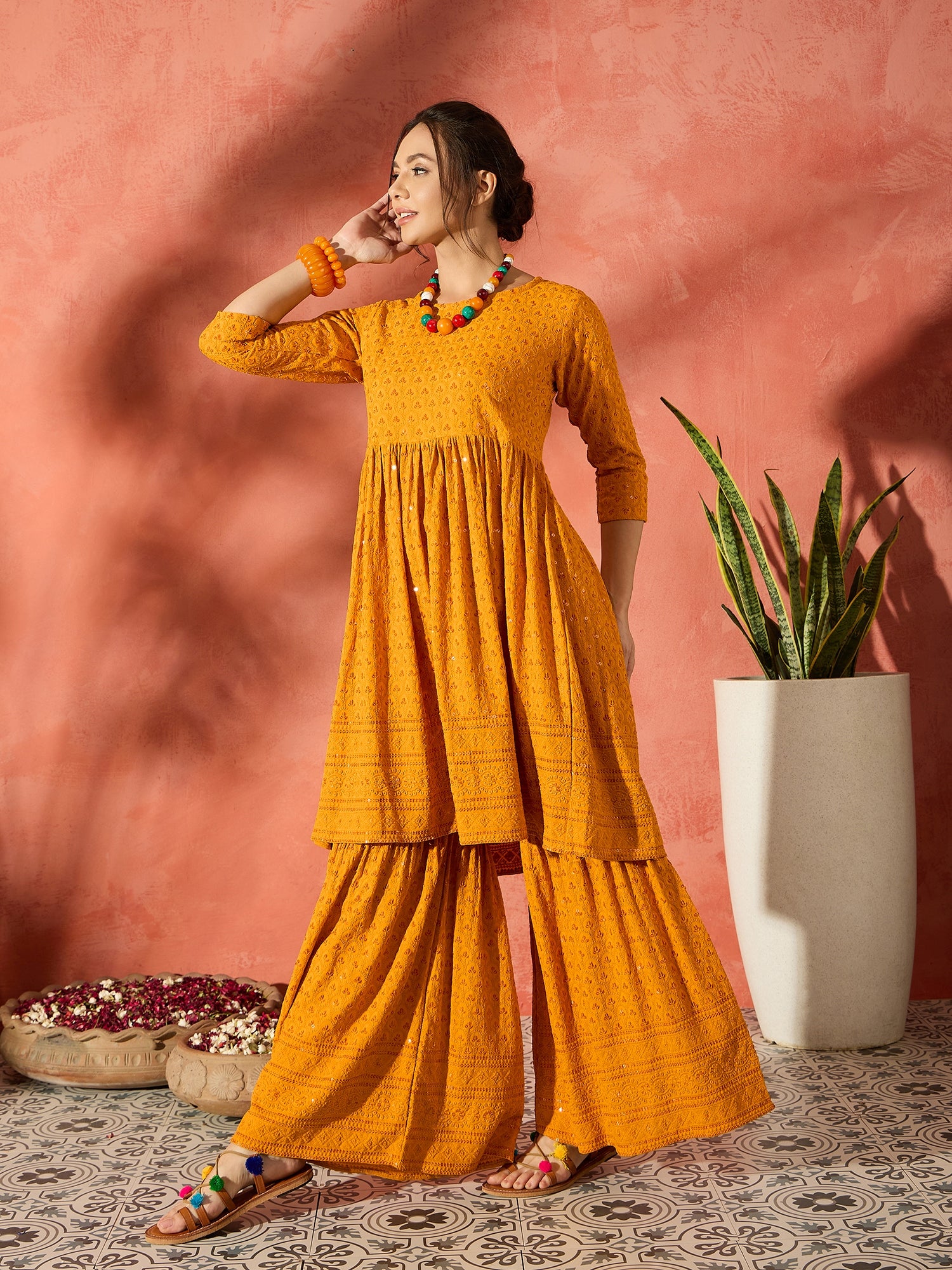 Mustard Chikankari Anarkali Kurta Sharara Set