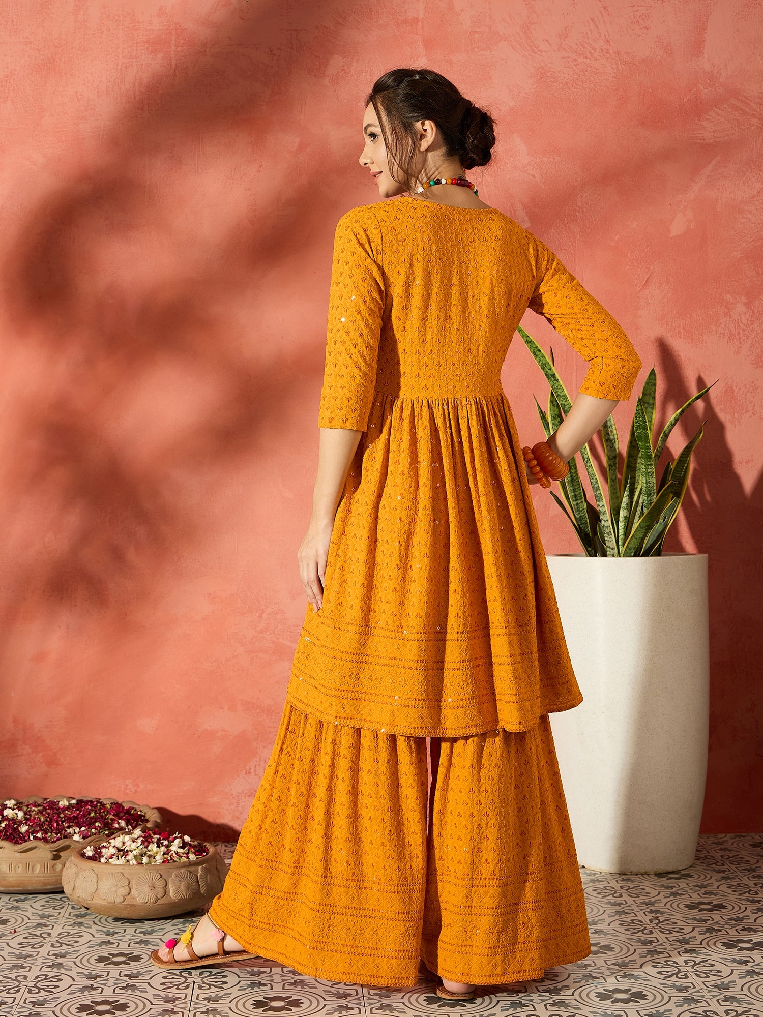 Mustard Chikankari Anarkali Kurta Sharara Set