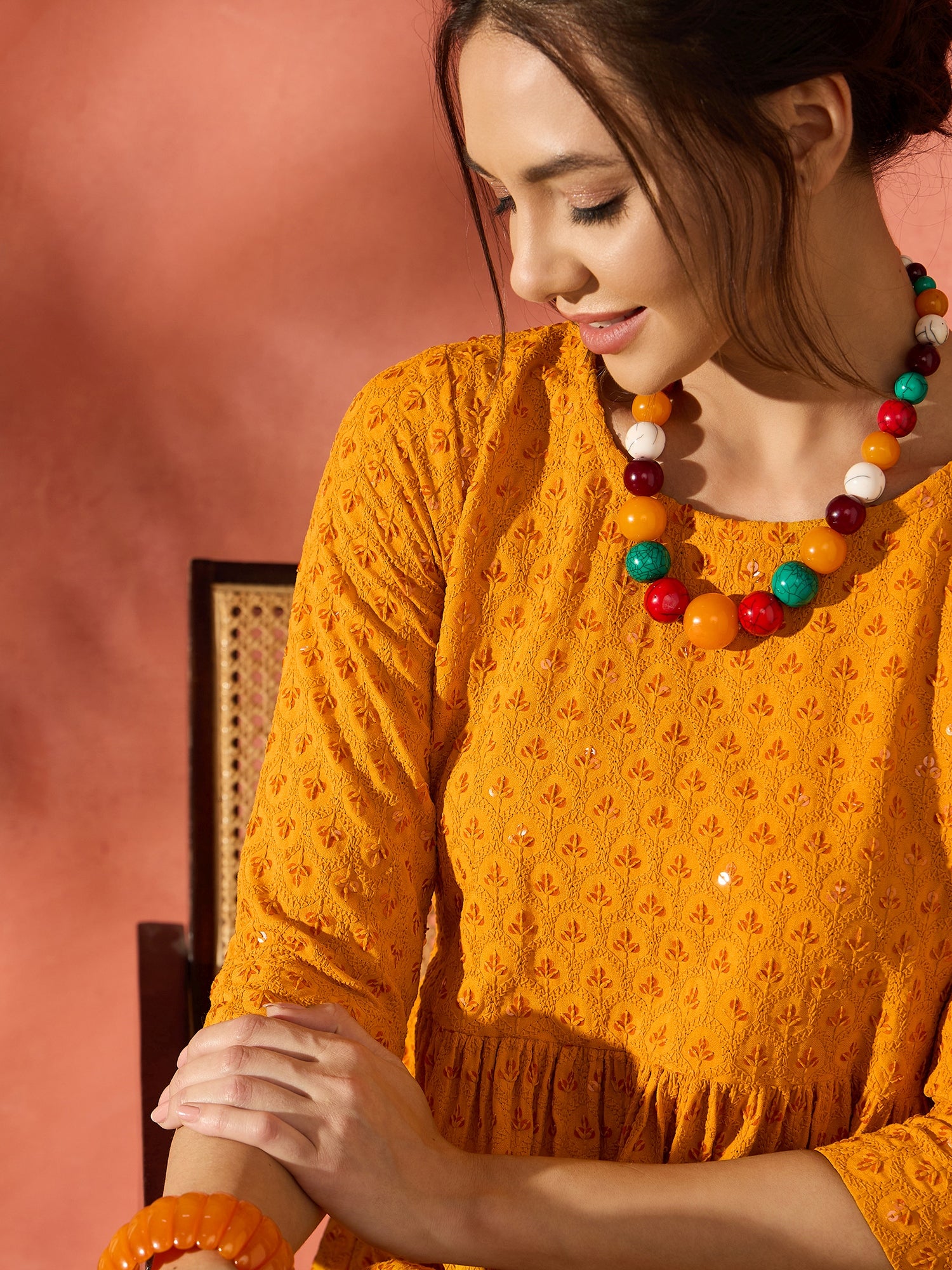 Mustard Chikankari Anarkali Kurta Sharara Set