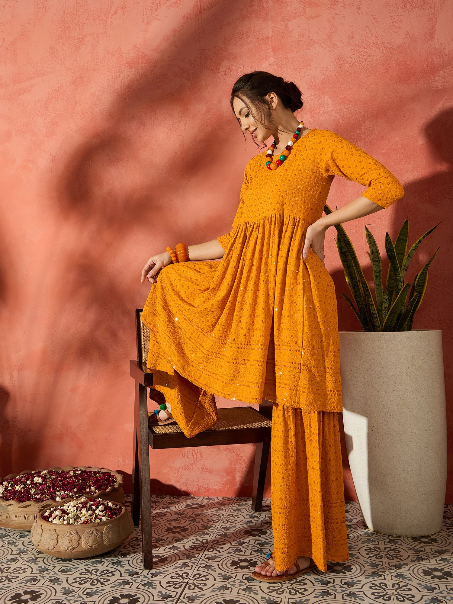 Mustard Chikankari Anarkali Kurta Sharara Set