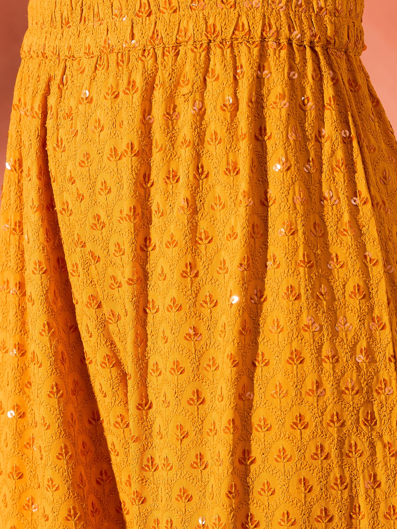 Mustard Chikankari Anarkali Kurta Sharara Set