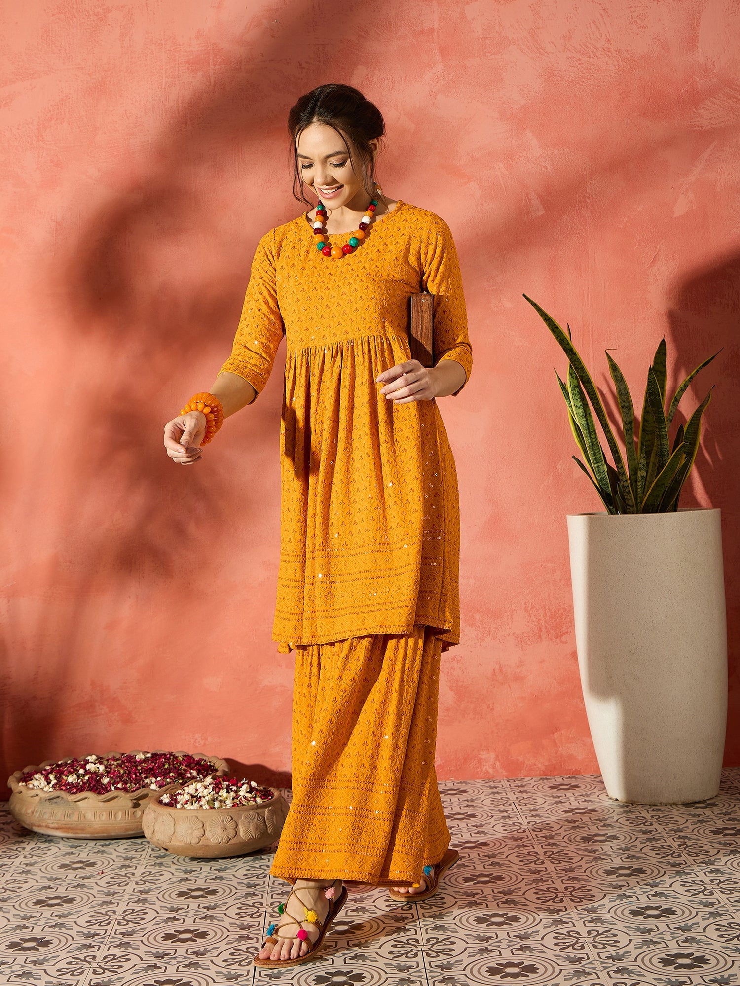 Mustard Chikankari Anarkali Kurta Sharara Set