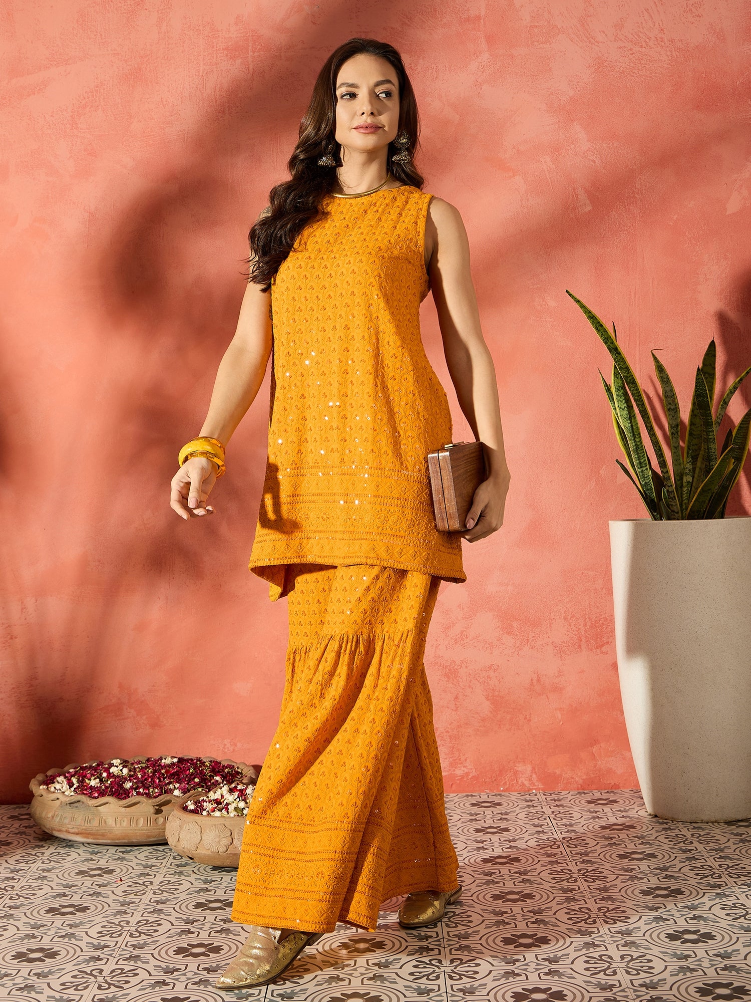 Mustard Chikankari Short Kurta Set