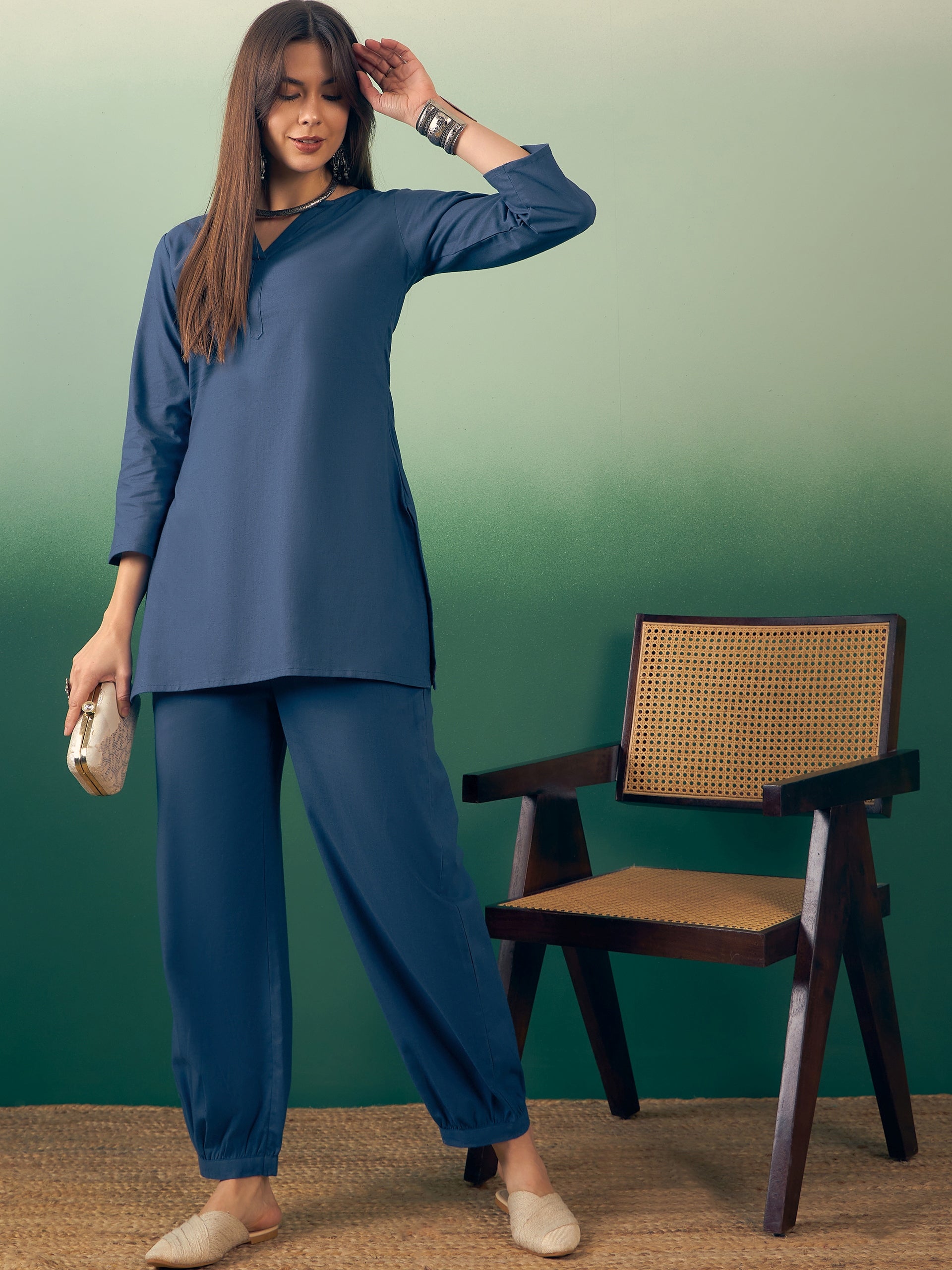 Midnight Blue Solid V Neck Short Kurta Pant Set