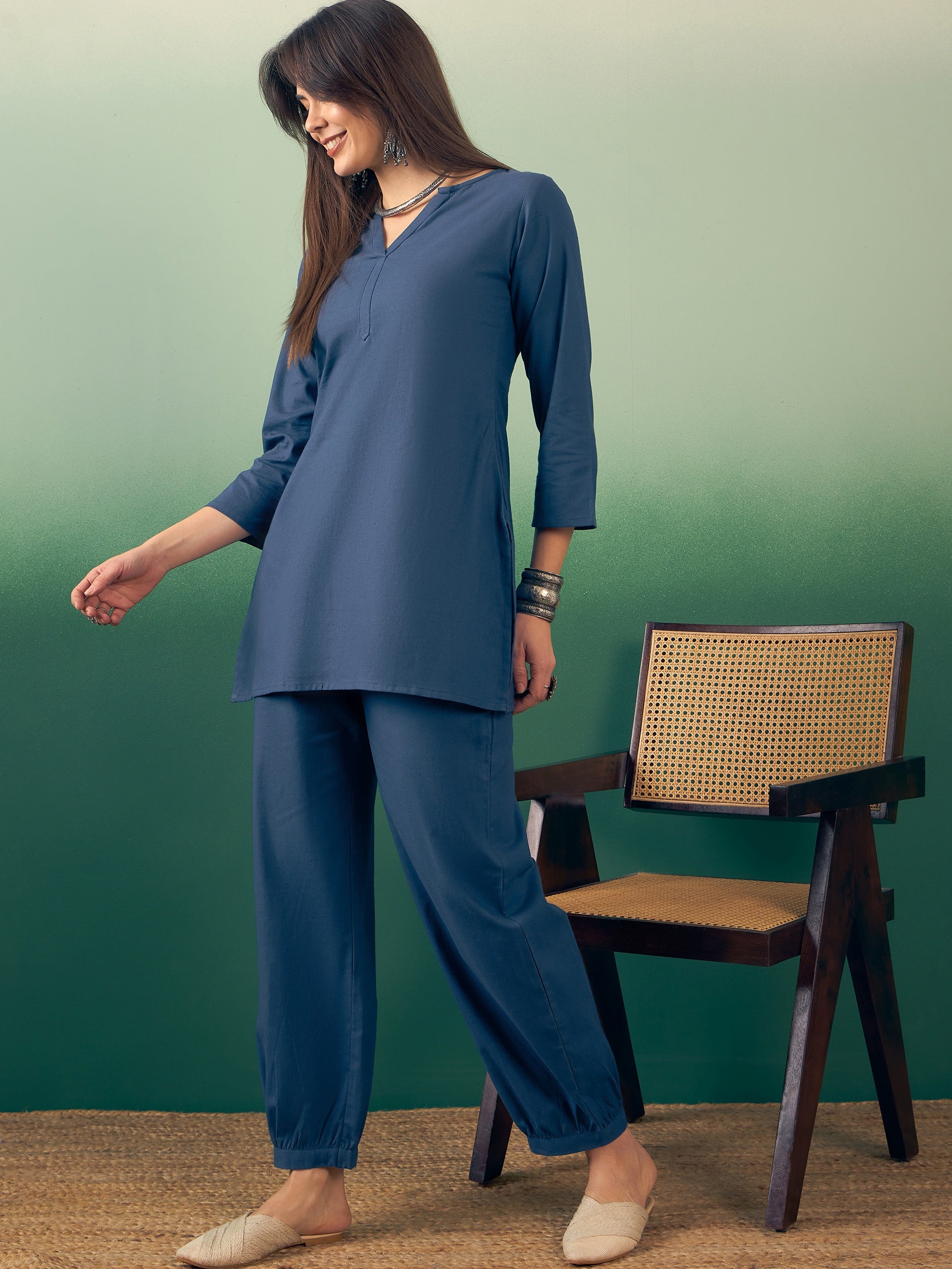 Midnight Blue Solid V Neck Short Kurta Pant Set