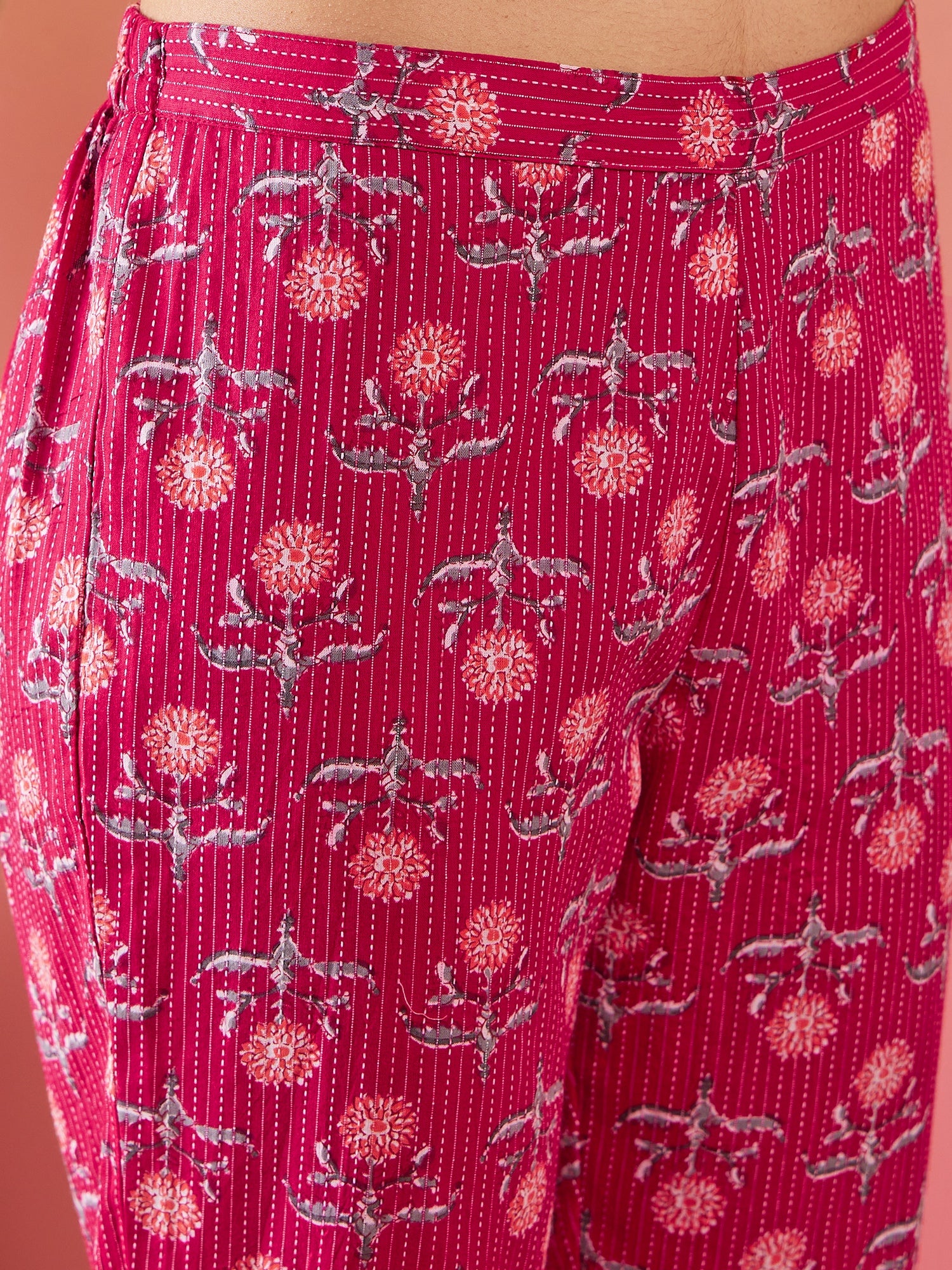 Red Kantha Print Manderian V Neck Button Kurta Pant Set