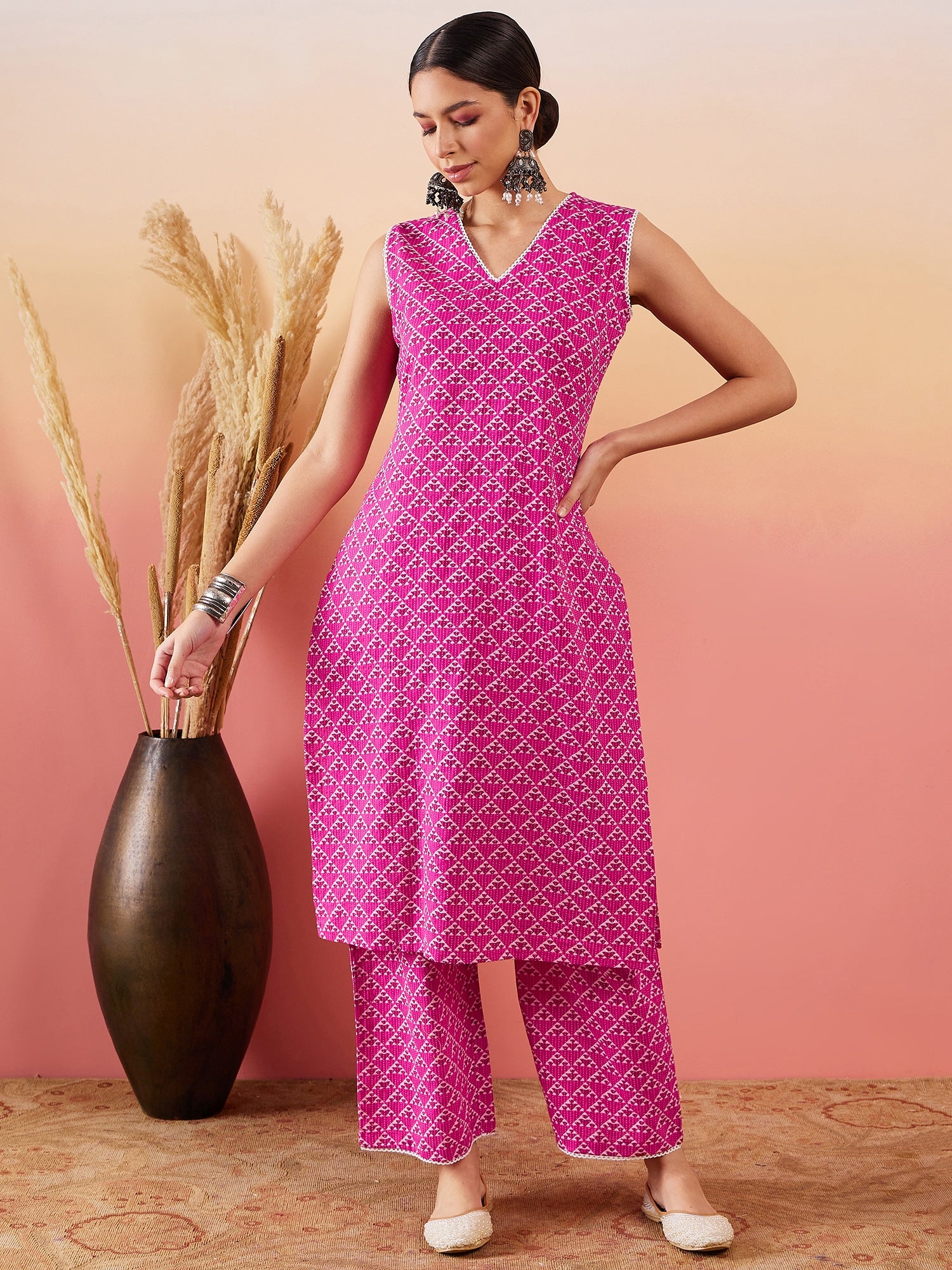 Pink Pyramid Kantha V Neck Lace Work Kurta Palazzo Set