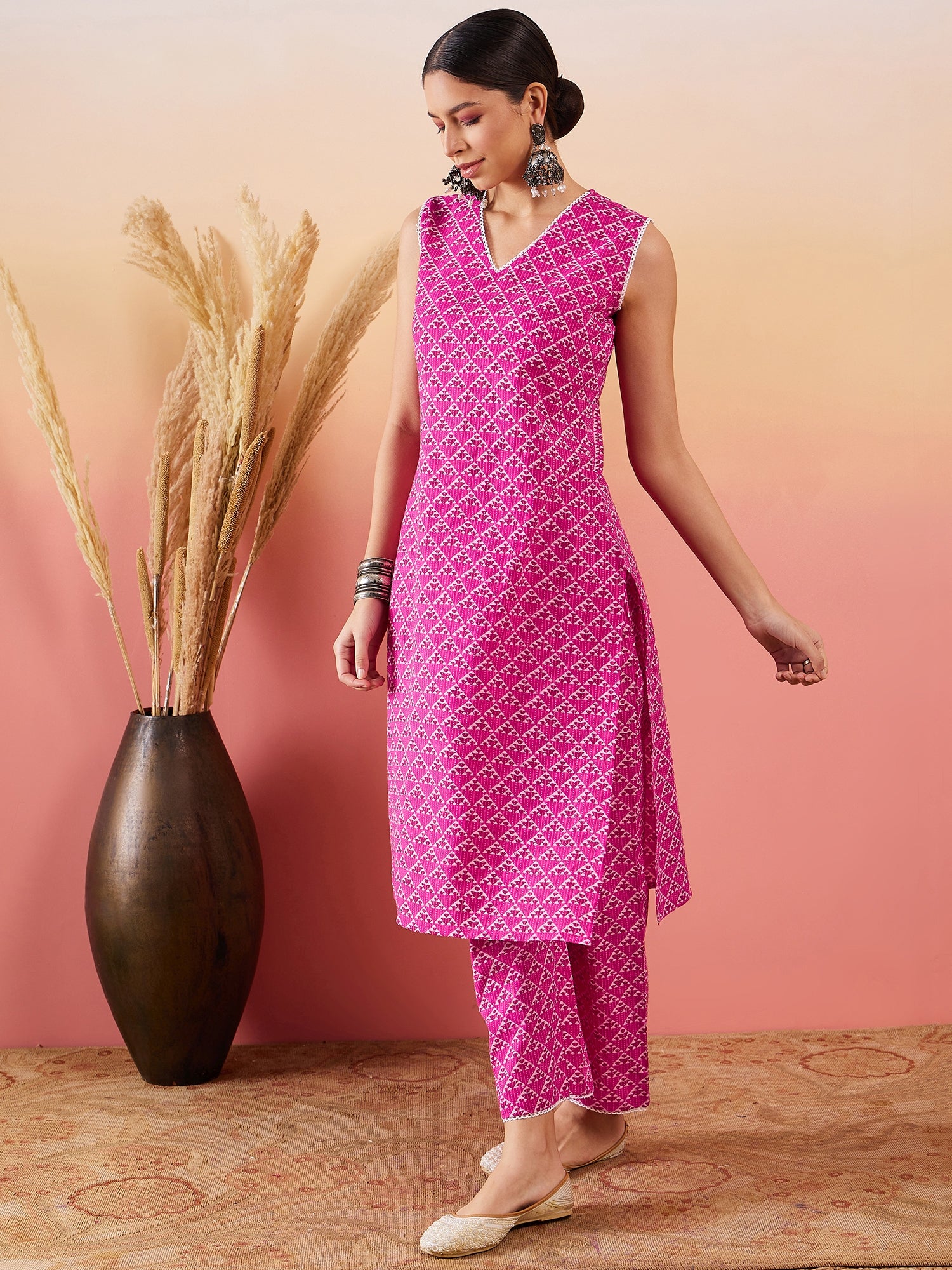 Pink Pyramid Kantha V Neck Lace Work Kurta Palazzo Set