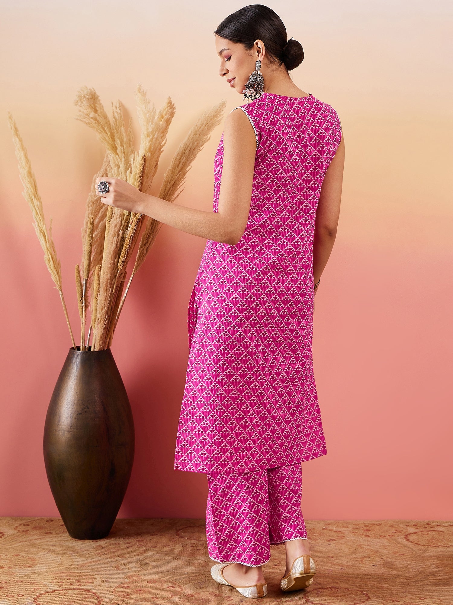 Pink Pyramid Kantha V Neck Lace Work Kurta Palazzo Set