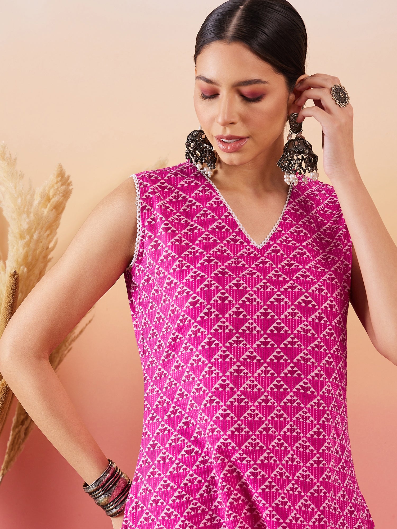 Pink Pyramid Kantha V Neck Lace Work Kurta Palazzo Set