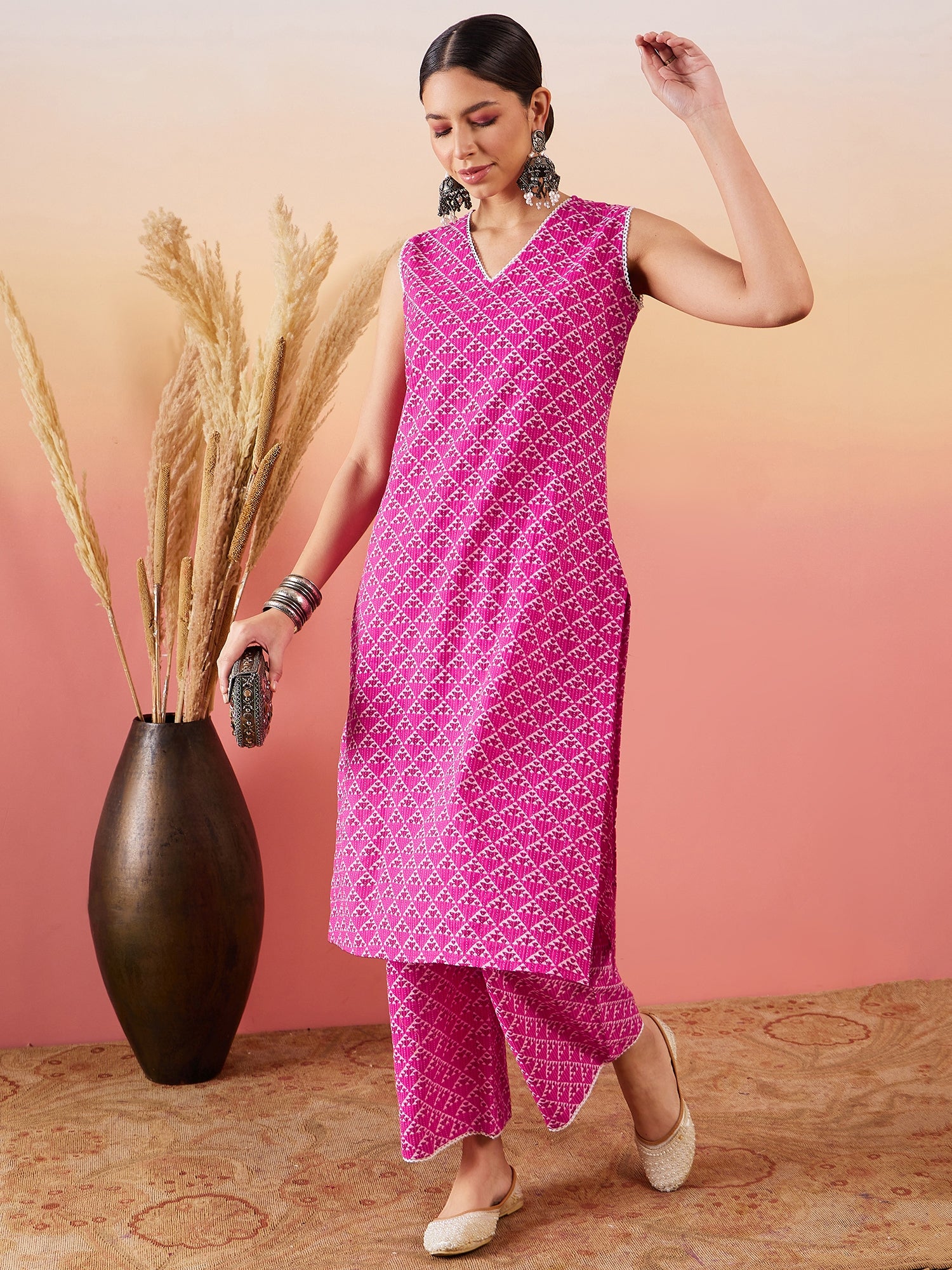 Pink Pyramid Kantha V Neck Lace Work Kurta Palazzo Set