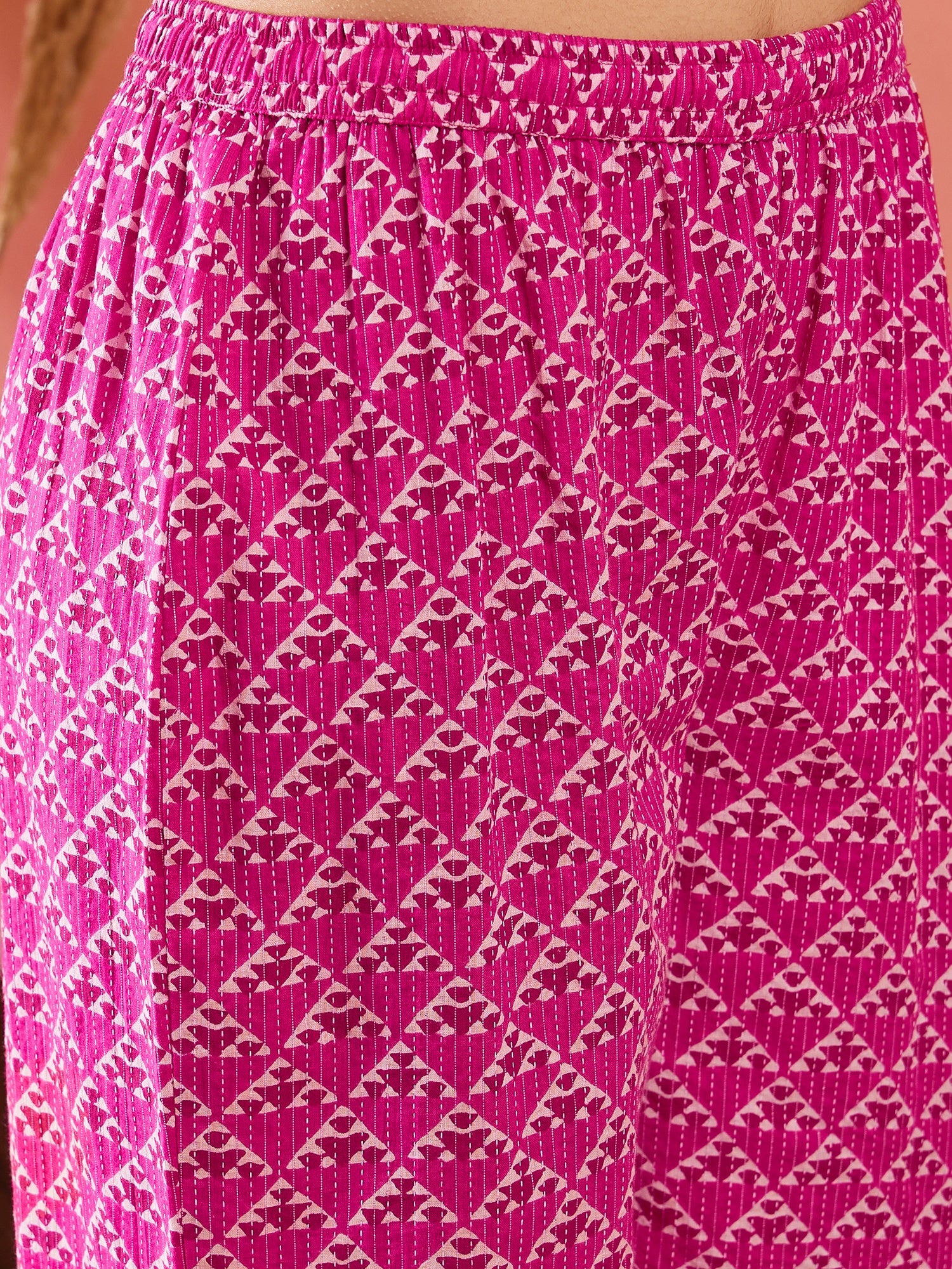 Pink Pyramid Kantha V Neck Lace Work Kurta Palazzo Set