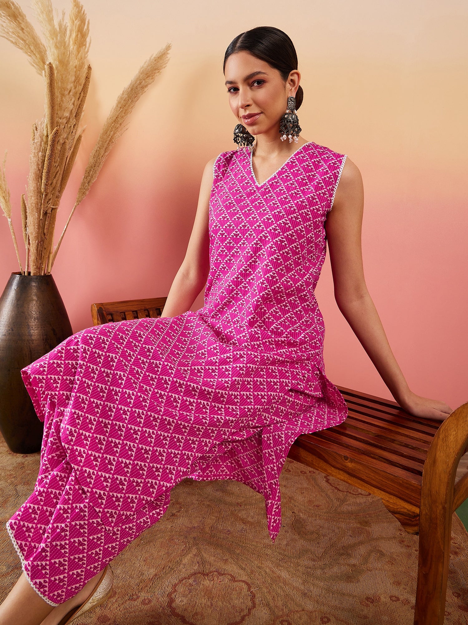 Pink Pyramid Kantha V Neck Lace Work Kurta Palazzo Set