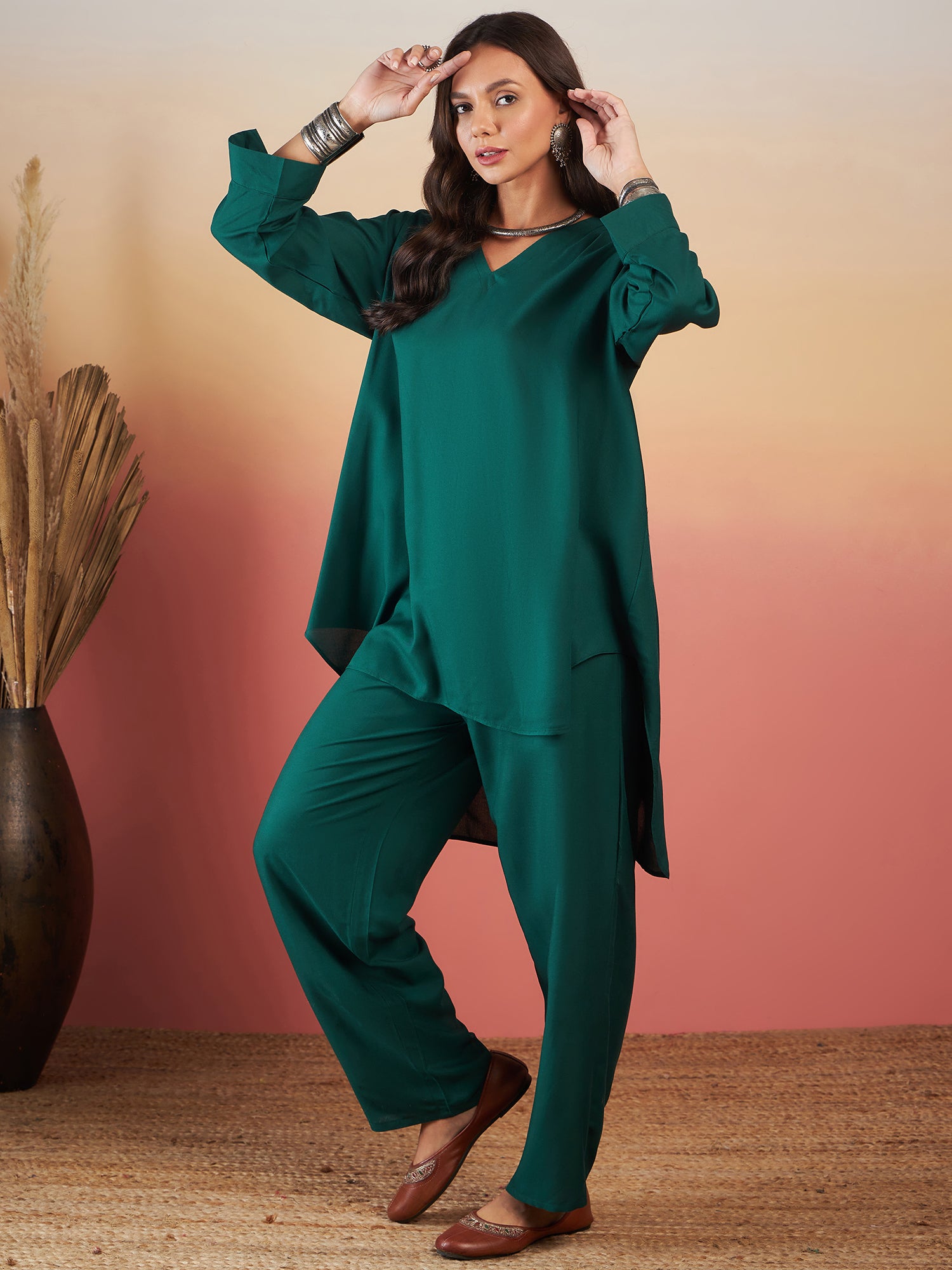 Bottal Green Solid V Neck High Low Kurta Pant Set