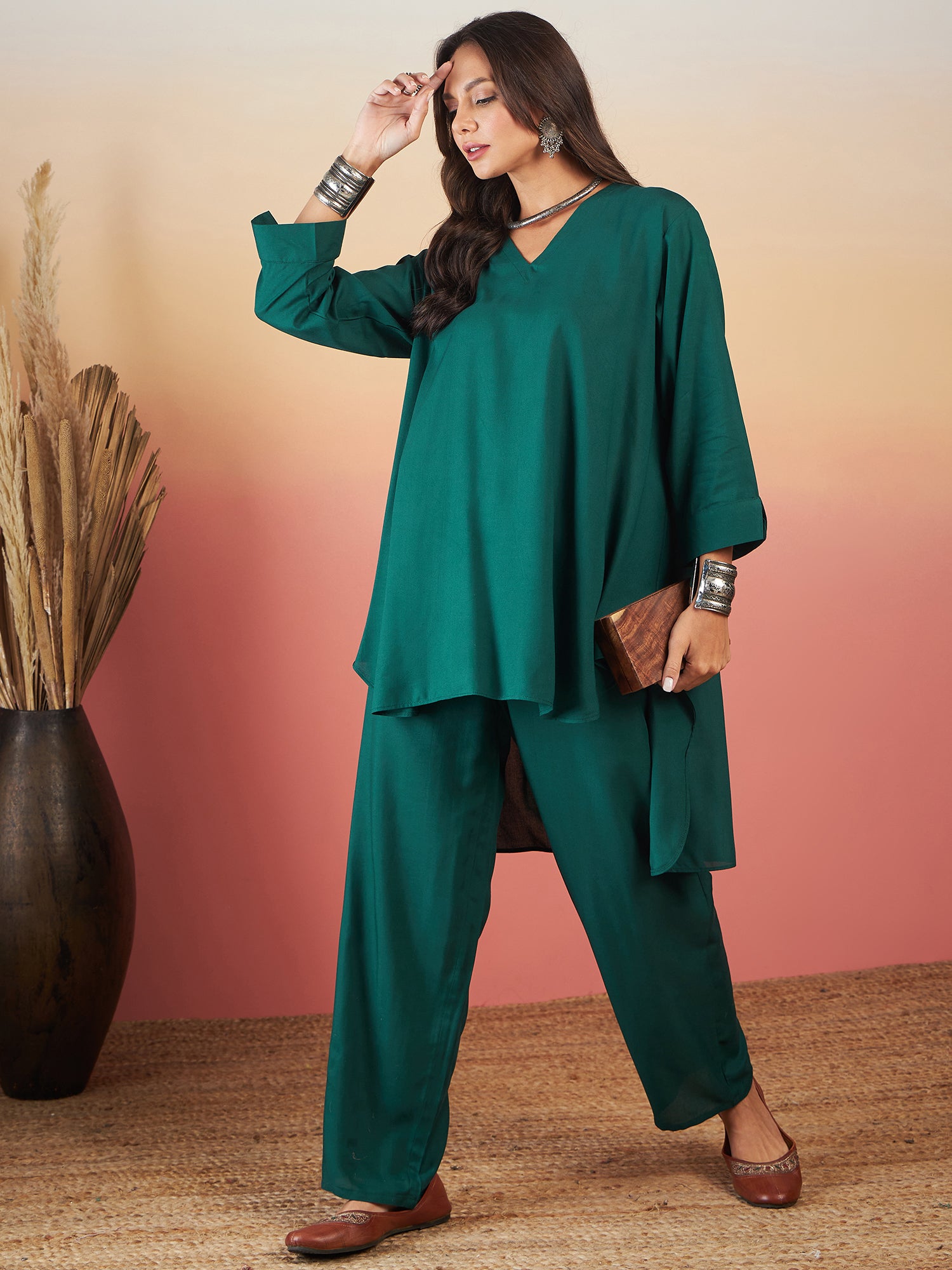 Bottal Green Solid V Neck High Low Kurta Pant Set