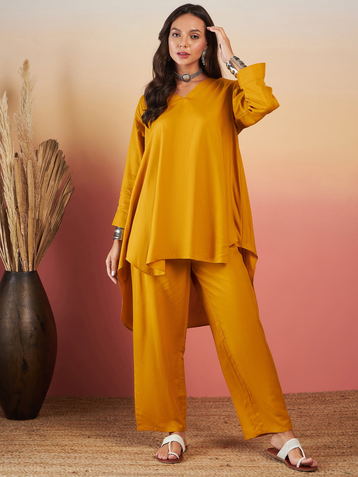 Mustard Solid V Neck High Low Kurta Pant Set