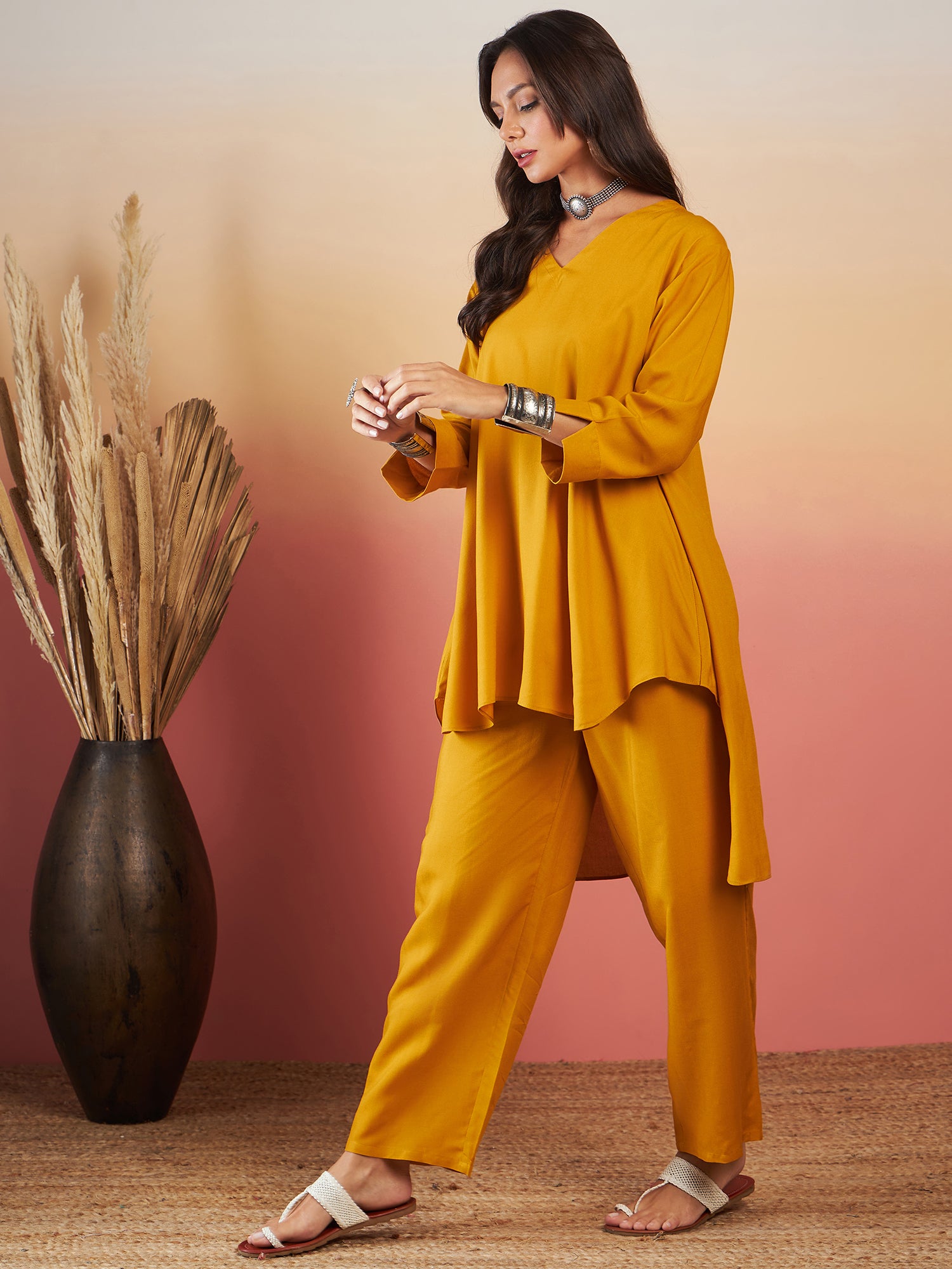 Mustard Solid V Neck High Low Kurta Pant Set