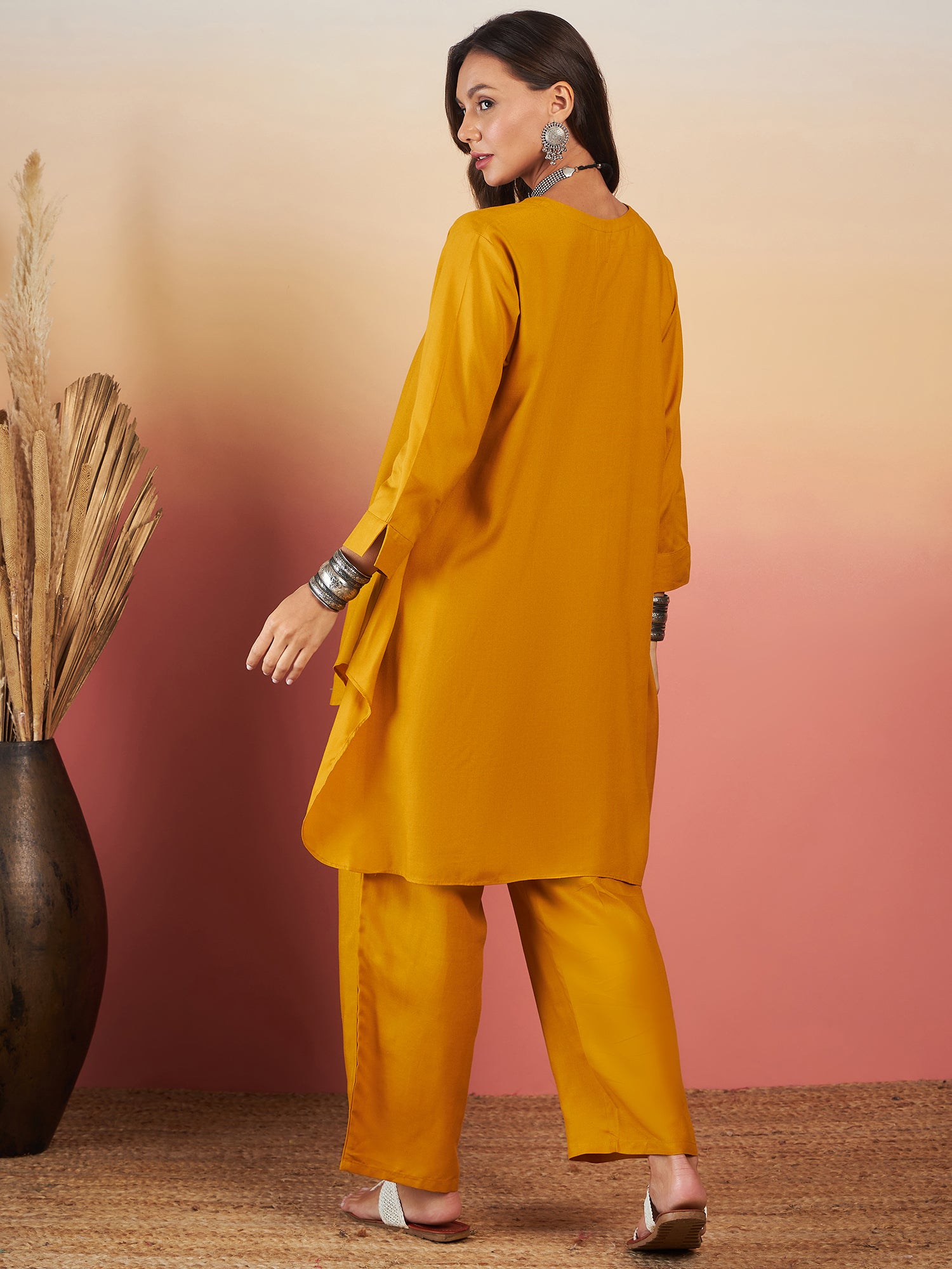 Mustard Solid V Neck High Low Kurta Pant Set