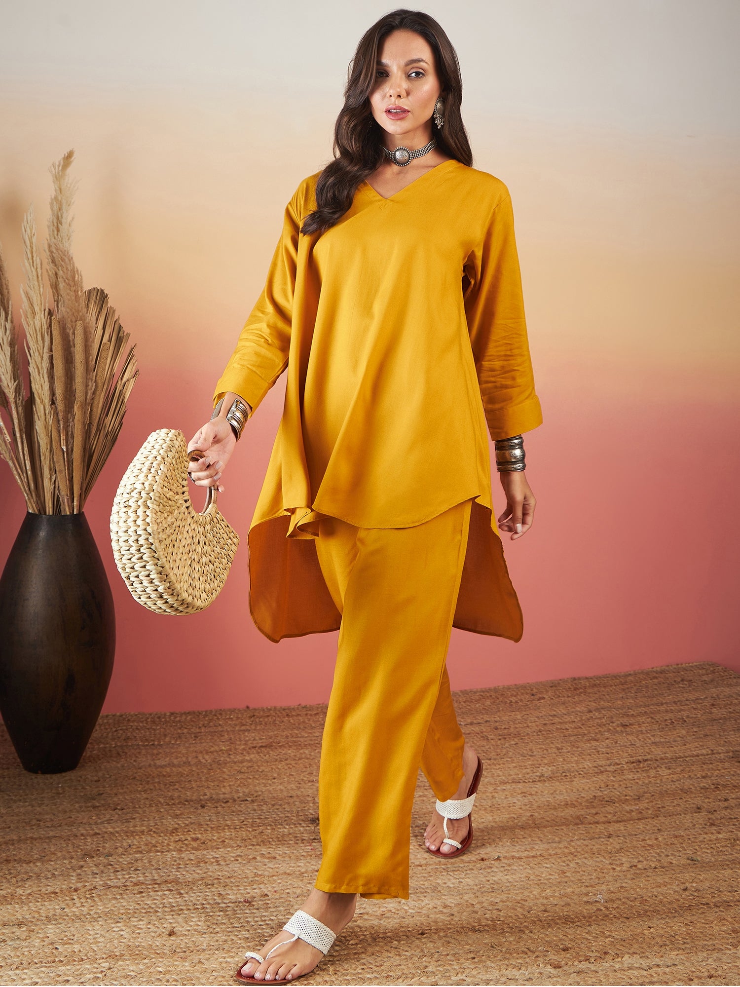 Mustard Solid V Neck High Low Kurta Pant Set