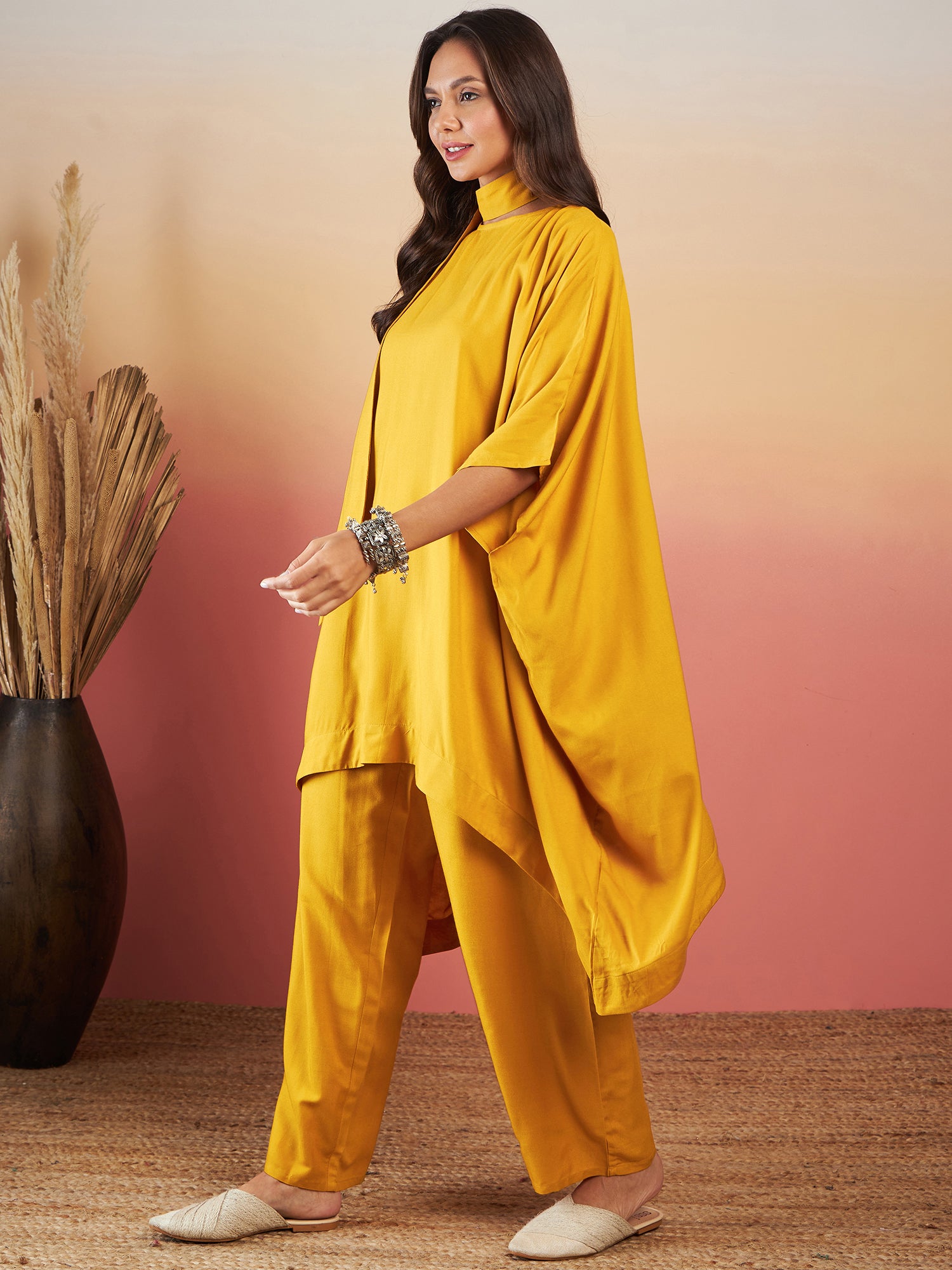 Mustard Solid Tie Neck Kaftan Style Boho Pant Set