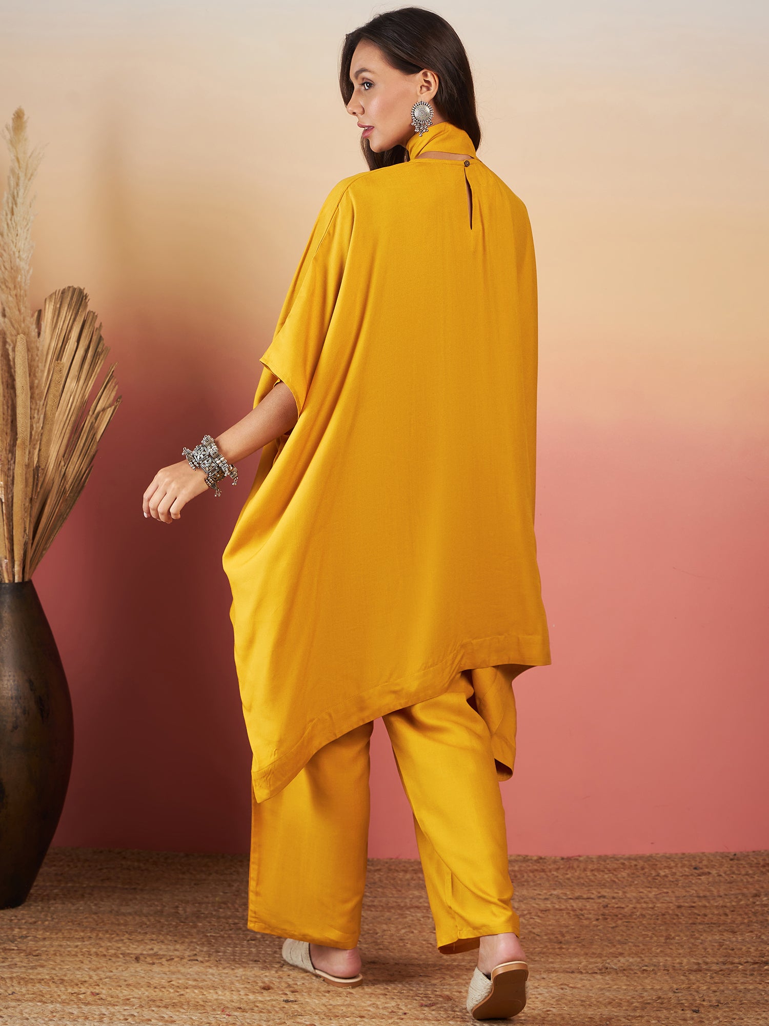 Mustard Solid Tie Neck Kaftan Style Boho Pant Set