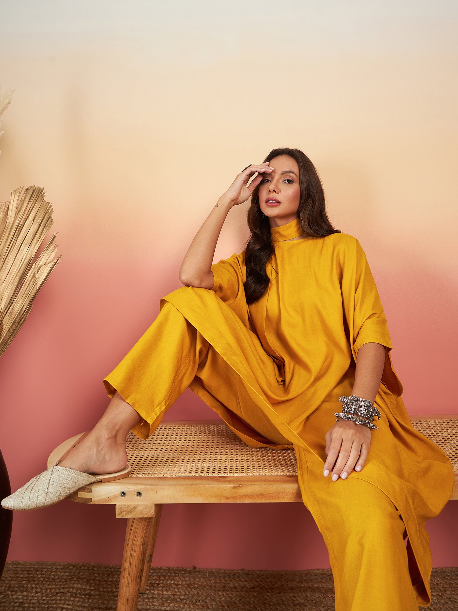 Mustard Solid Tie Neck Kaftan Style Boho Pant Set