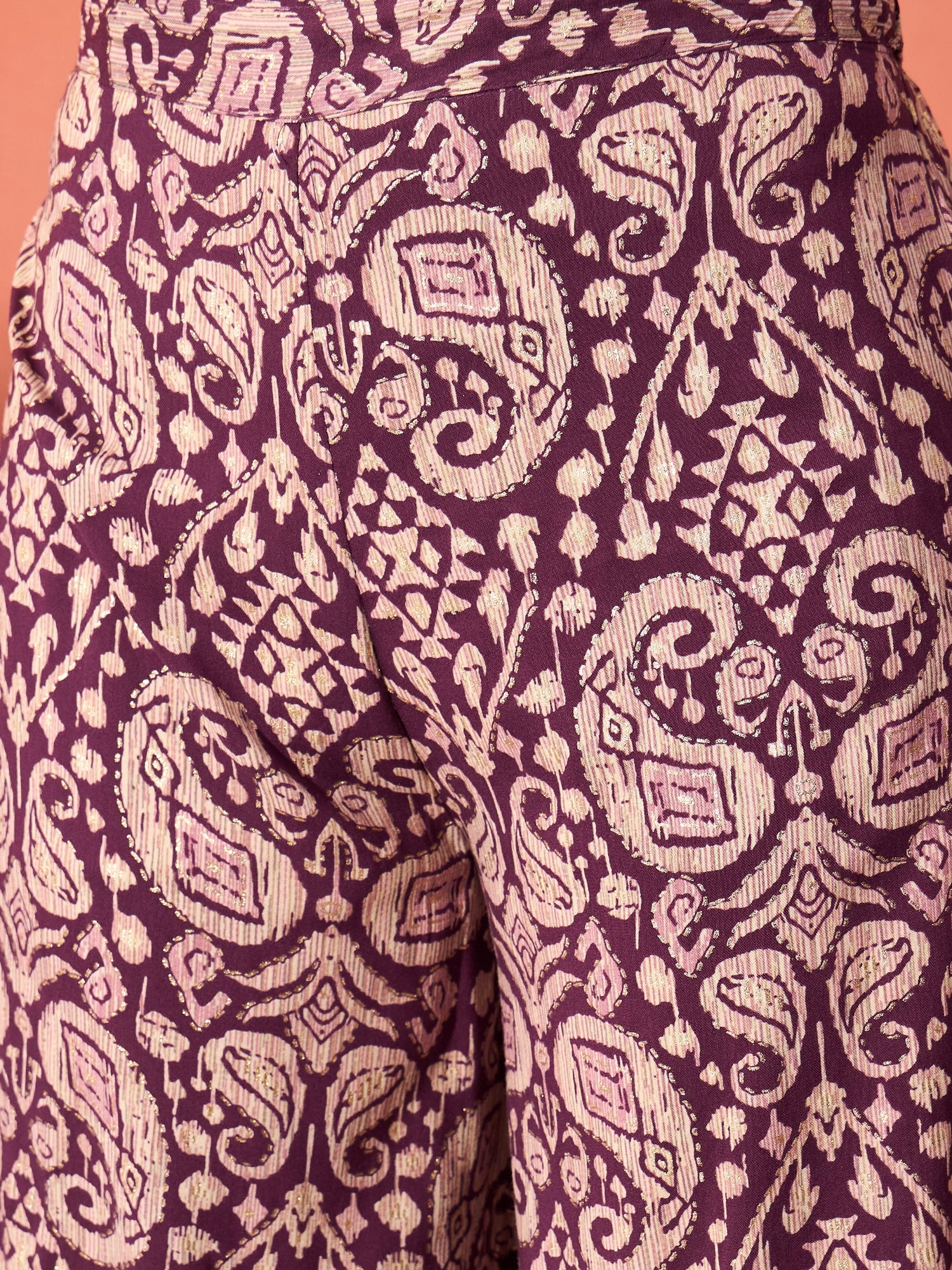 Dusty Mauve Paisley Round Neck Kurta Short Palazzo Set