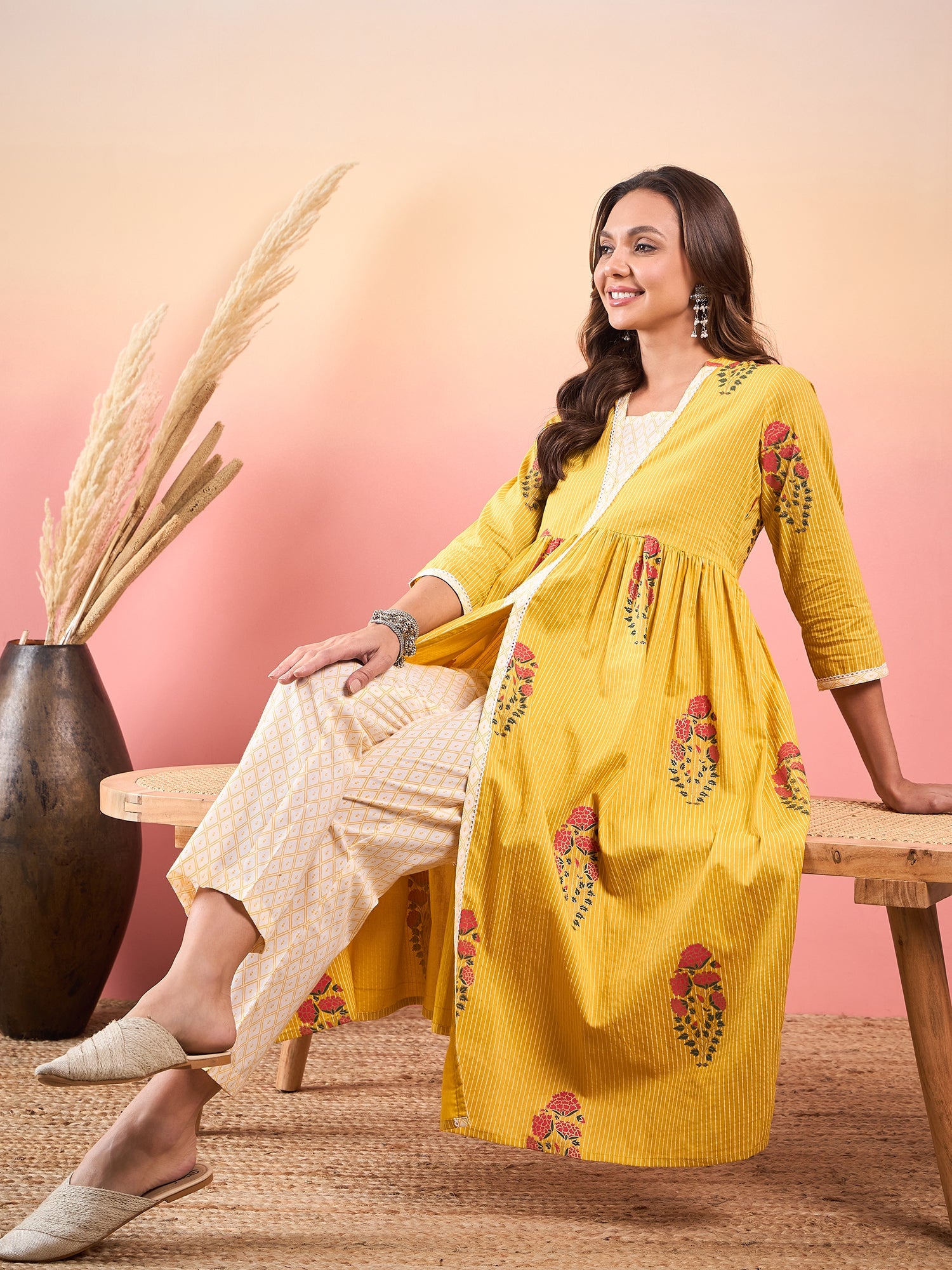 Yellow Striped V Neck Lace Front Slit Kurta Pant Set