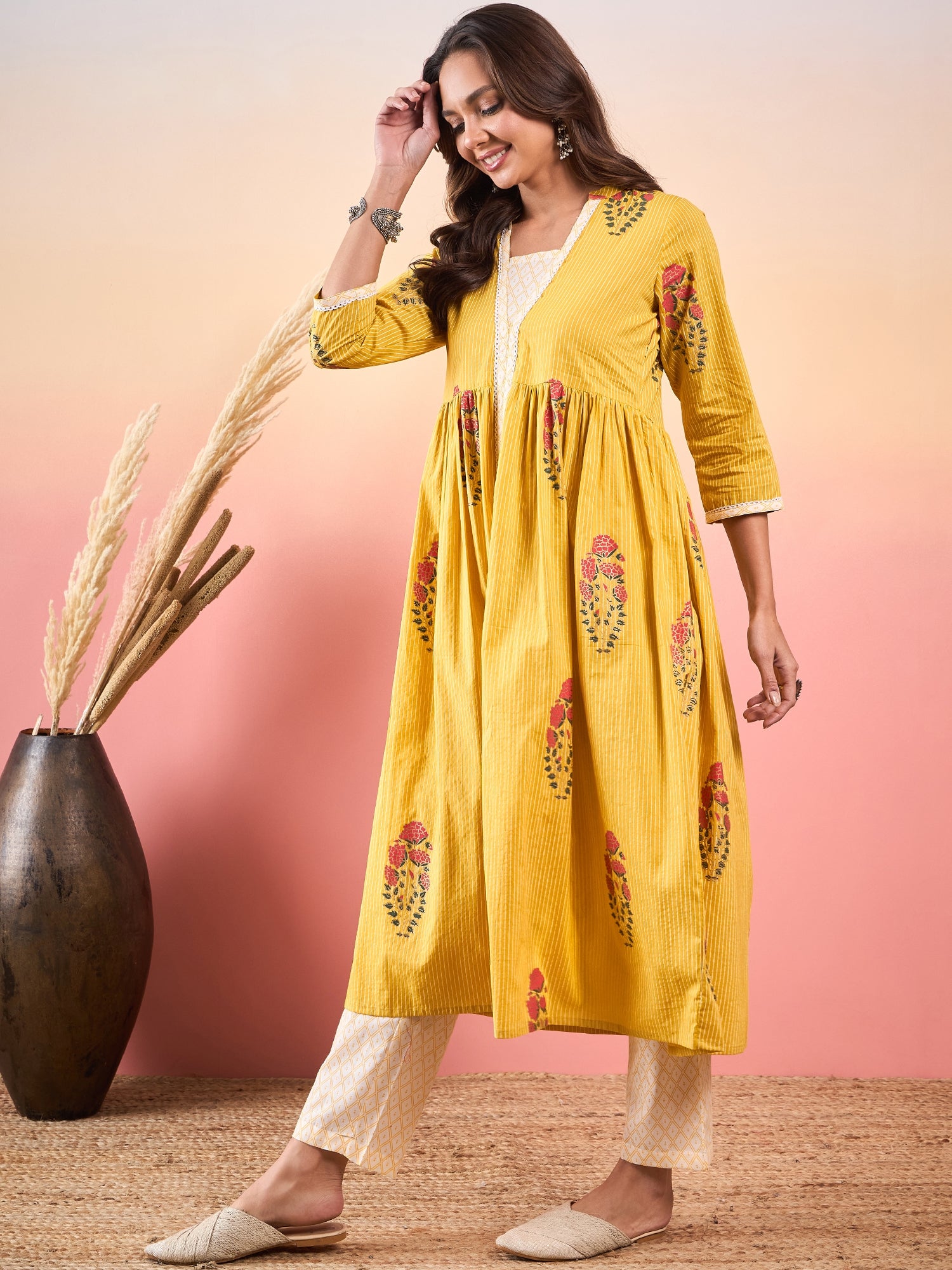 Yellow Striped V Neck Lace Front Slit Kurta Pant Set