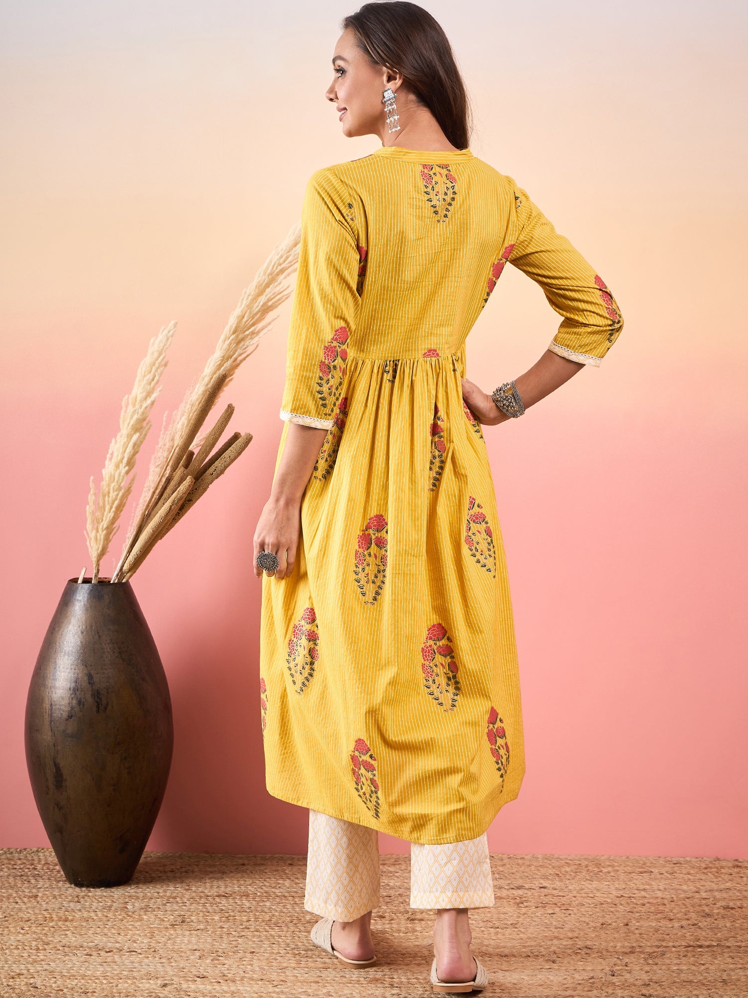 Yellow Striped V Neck Lace Front Slit Kurta Pant Set