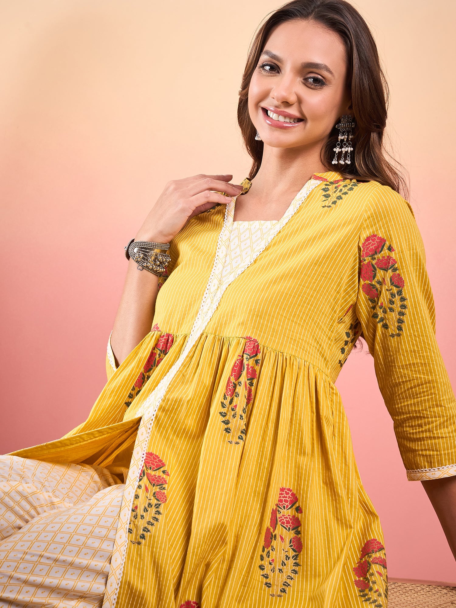 Yellow Striped V Neck Lace Front Slit Kurta Pant Set