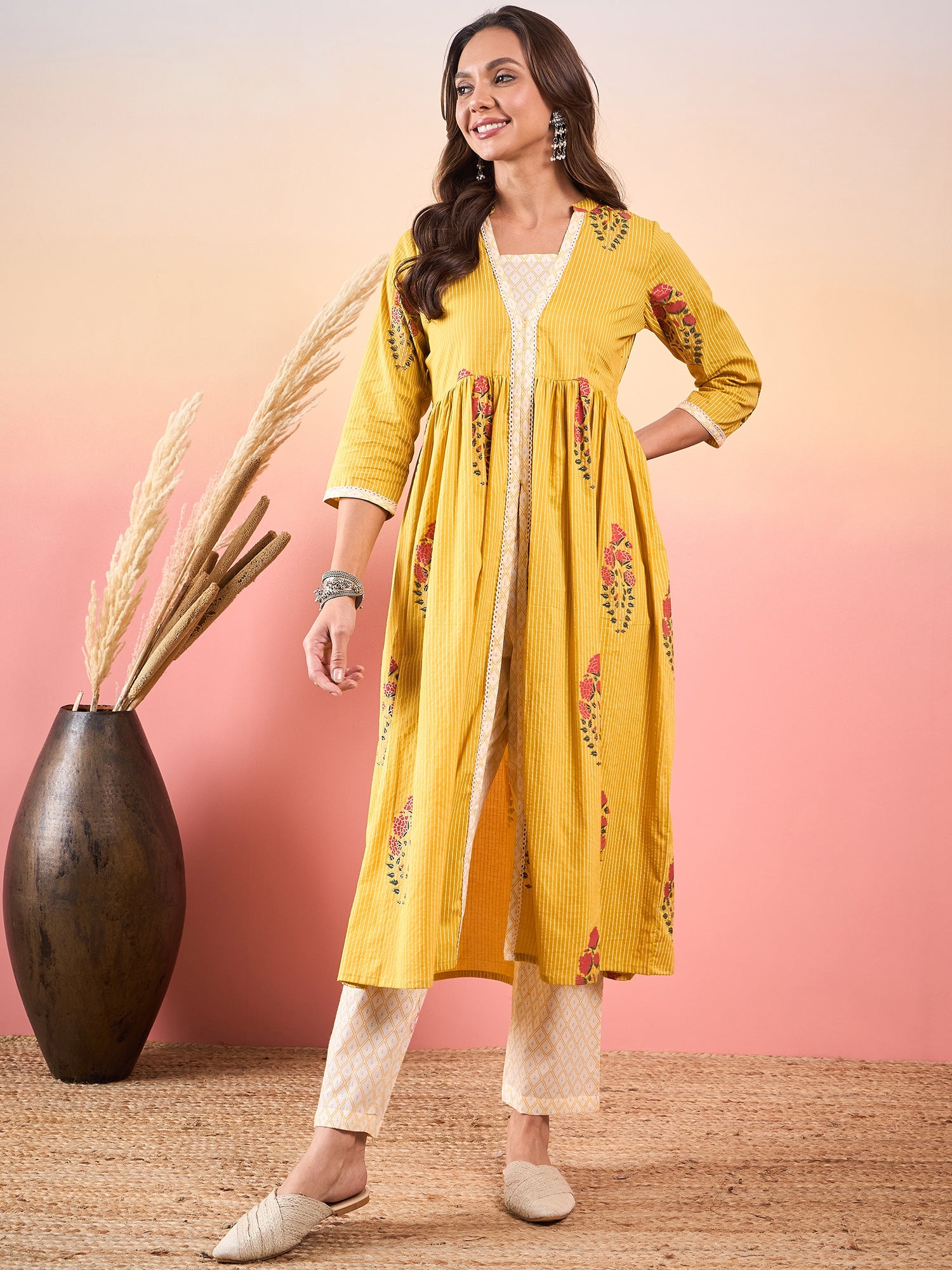 Yellow Striped V Neck Lace Front Slit Kurta Pant Set