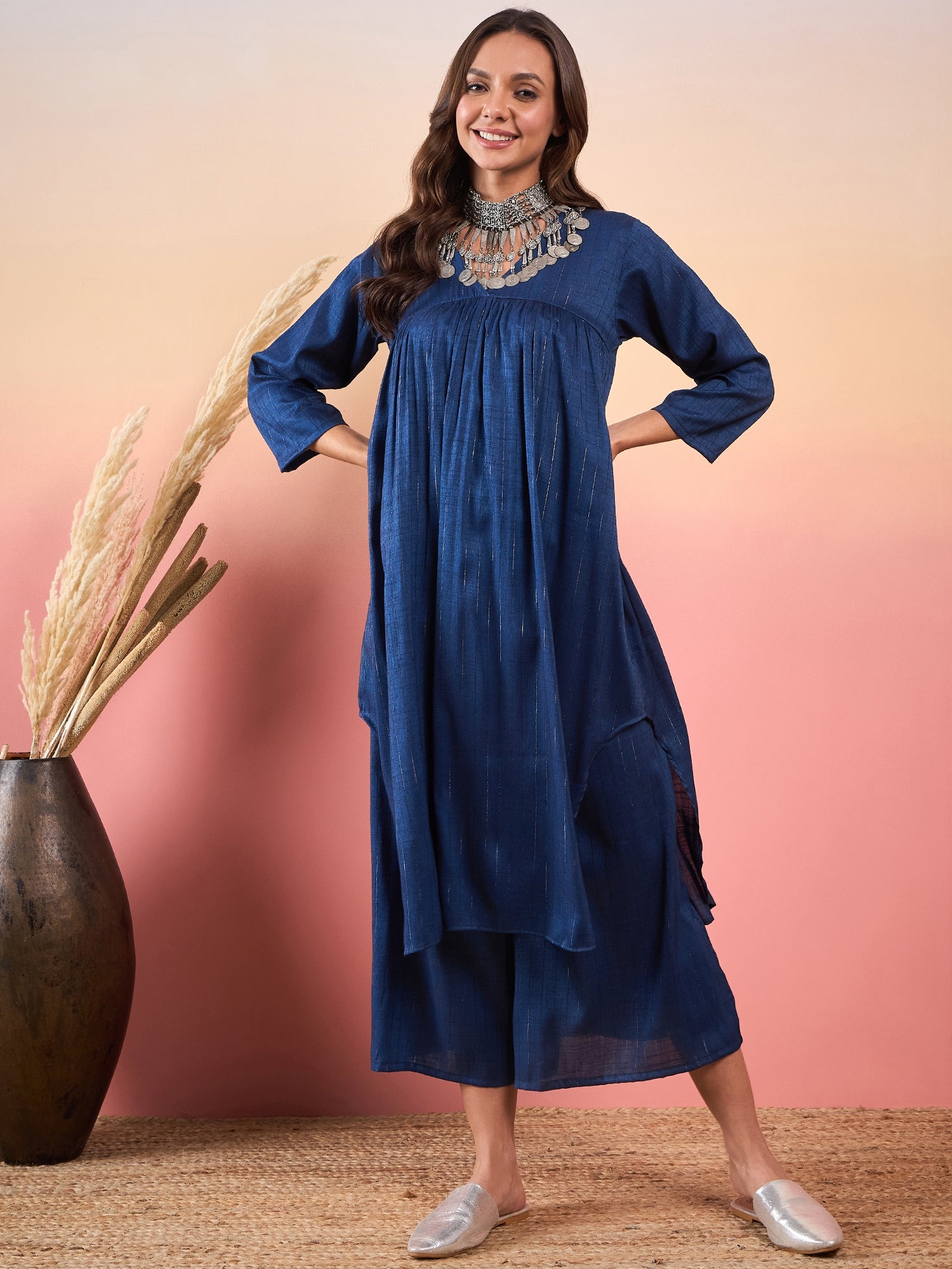 Peacock Blue Double Tone Lurex V Neck Flared Kurta Set