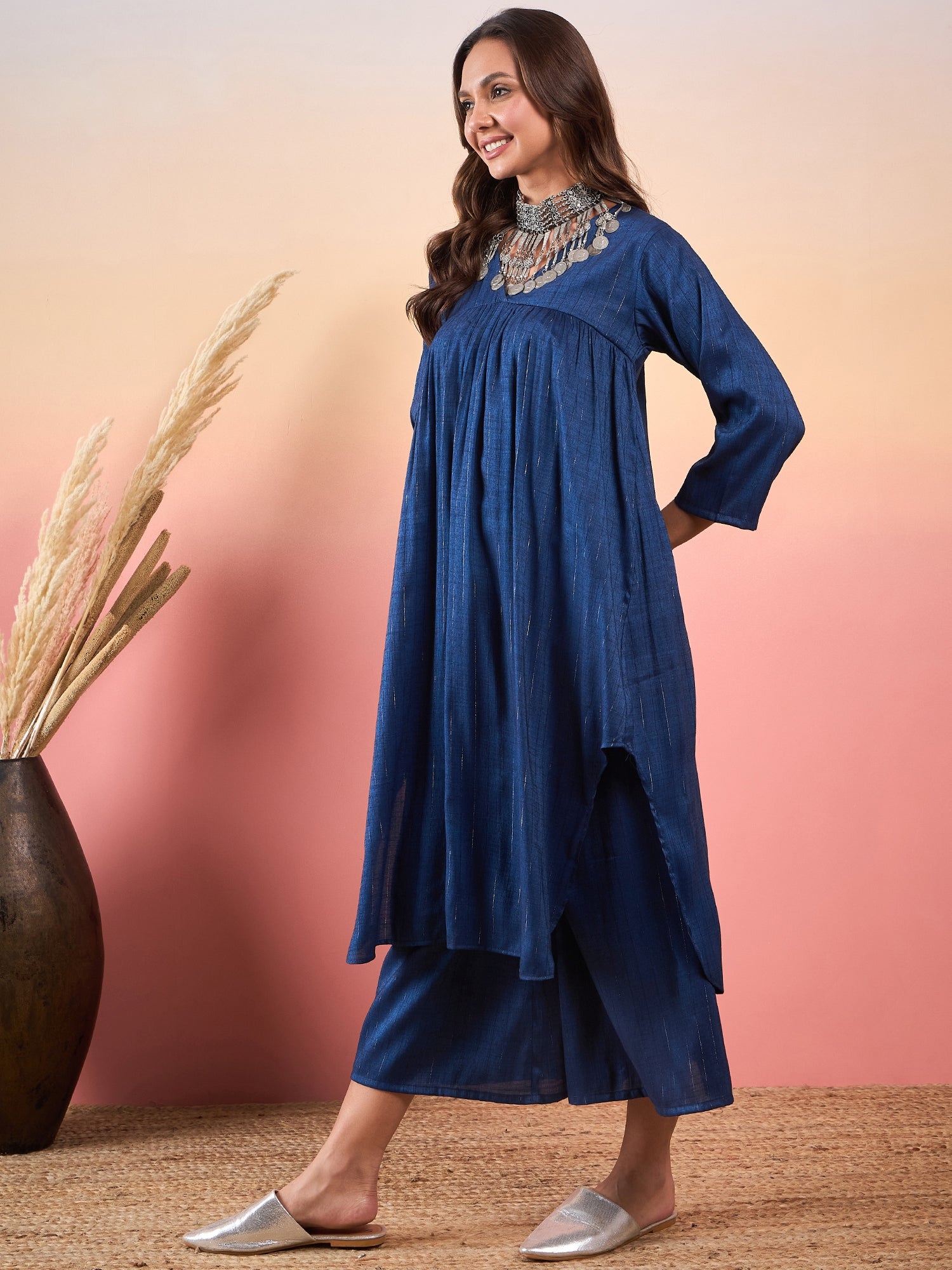 Peacock Blue Double Tone Lurex V Neck Flared Kurta Set