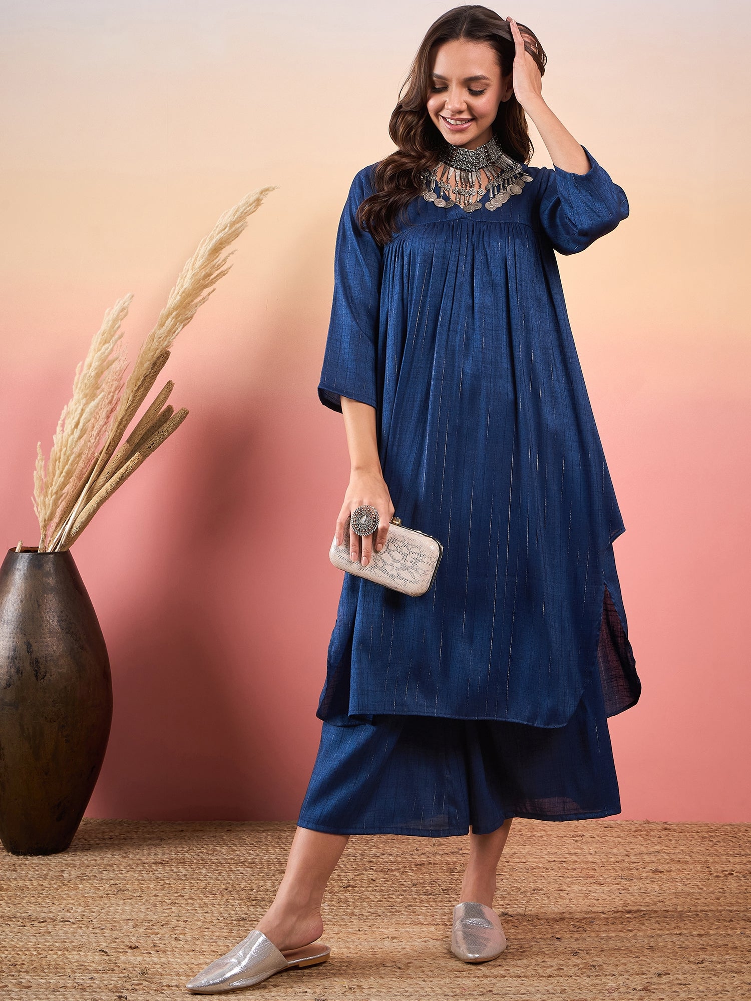 Peacock Blue Double Tone Lurex V Neck Flared Kurta Set