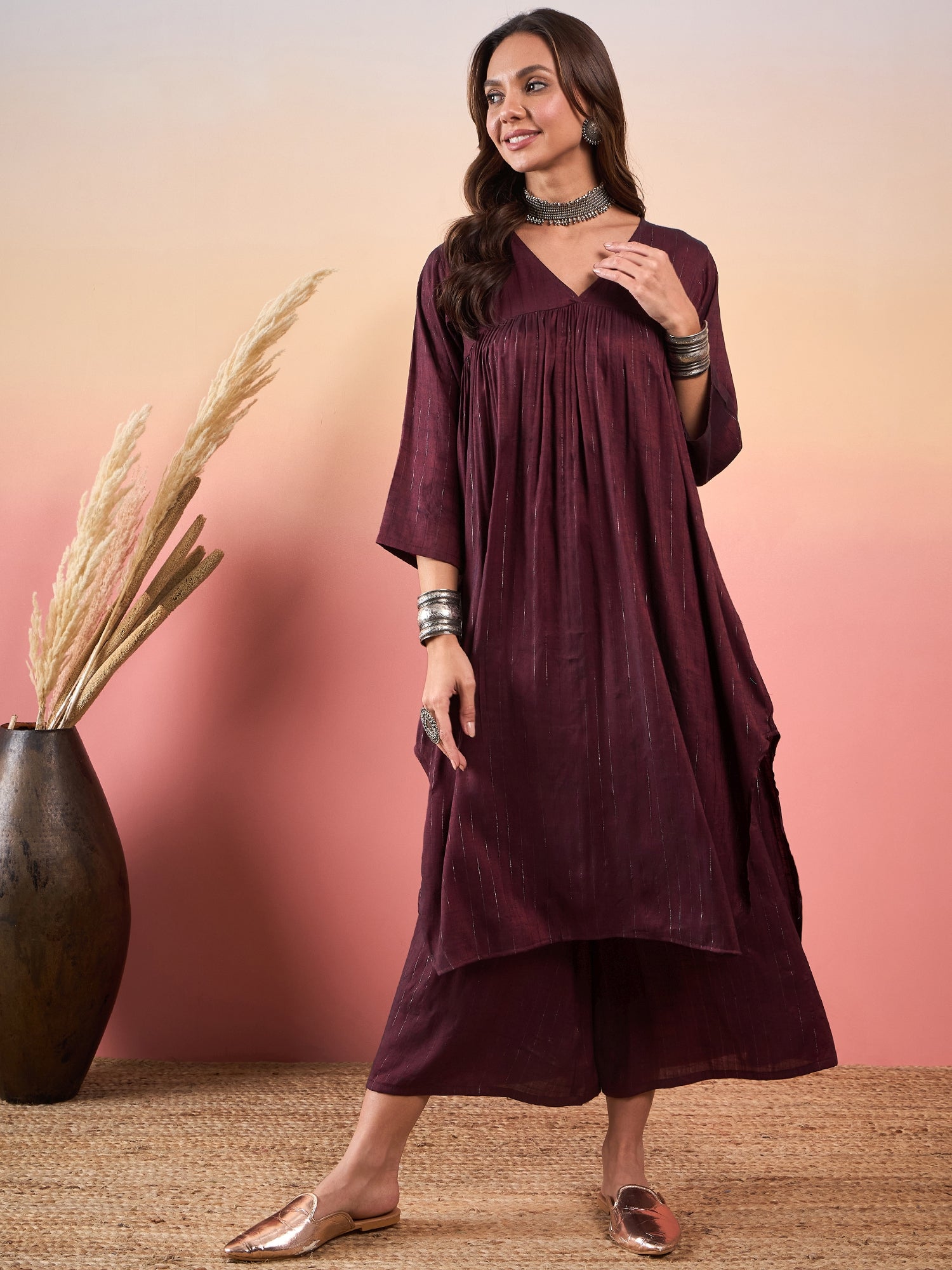 Wine Double Tone Lurex V Neck Flared Kurta Set